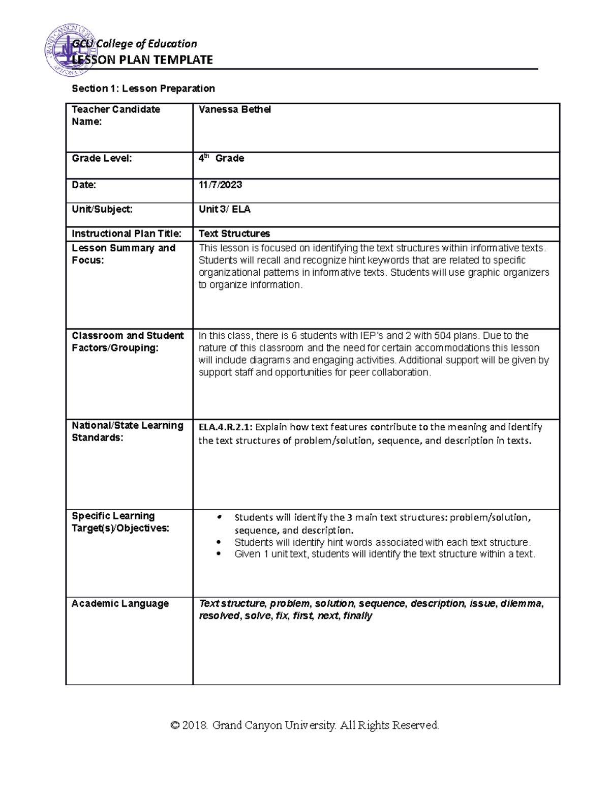 GCU Lesson Plan - LESSON PLAN TEMPLATE Section 1: Lesson Preparation ...