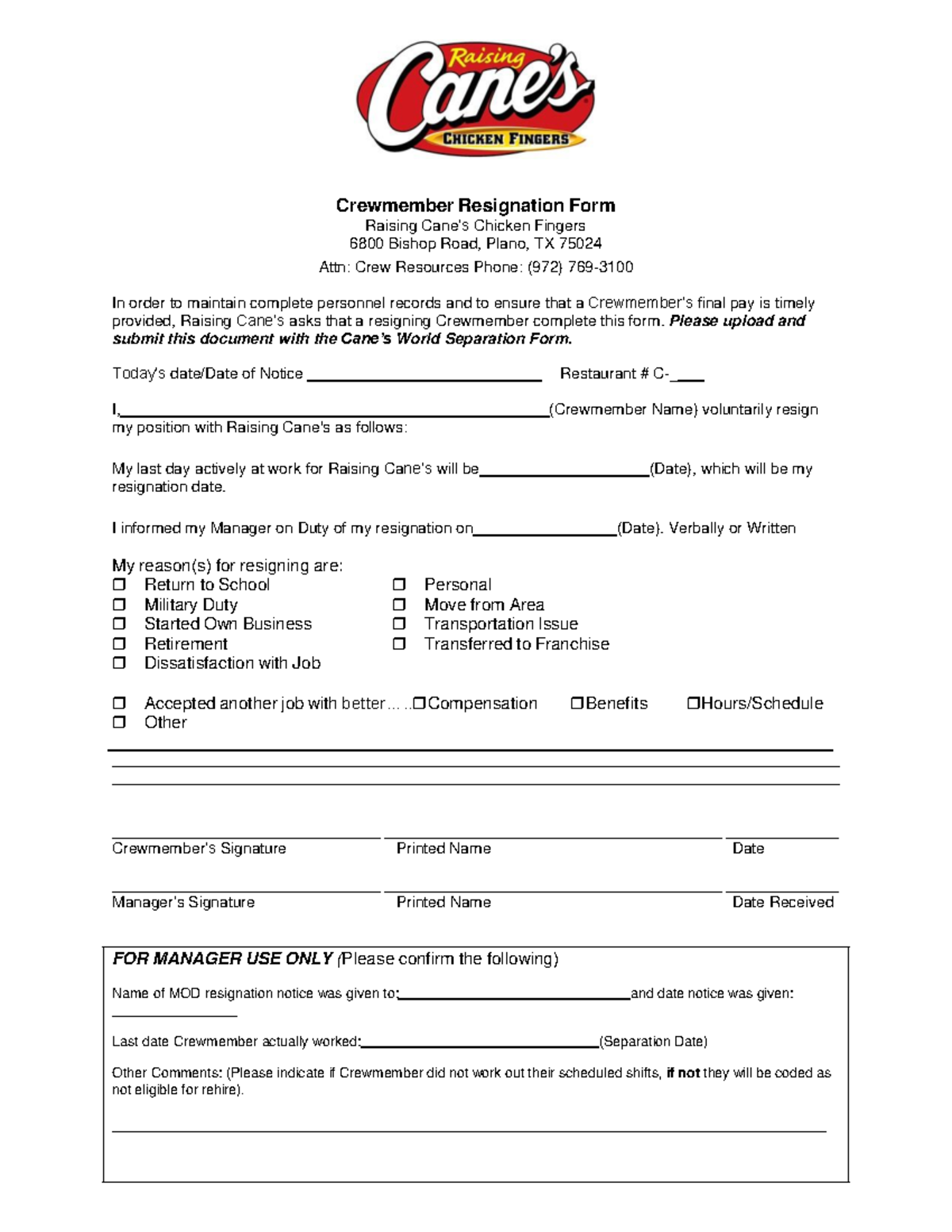 Crewmember Resignation Form - Crewmember Resignation Form Raising Cane ...