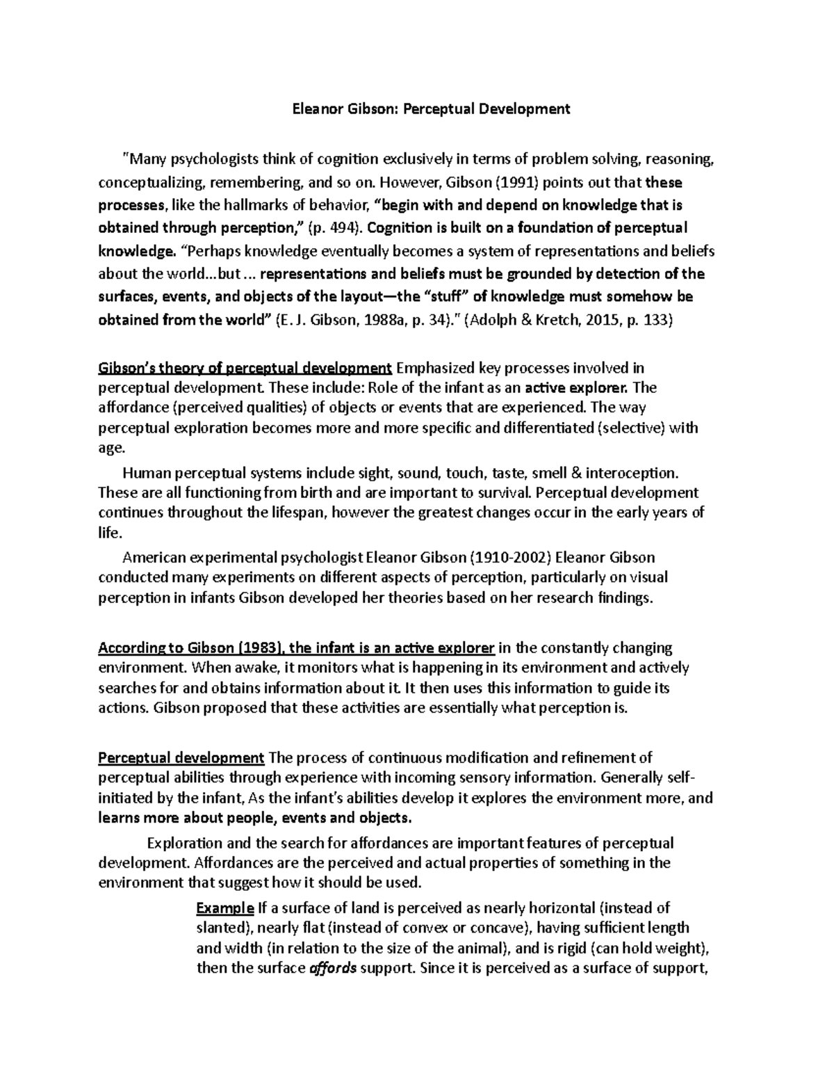 E - notes - Eleanor Gibson: Perceptual Development "Many psychologists ...