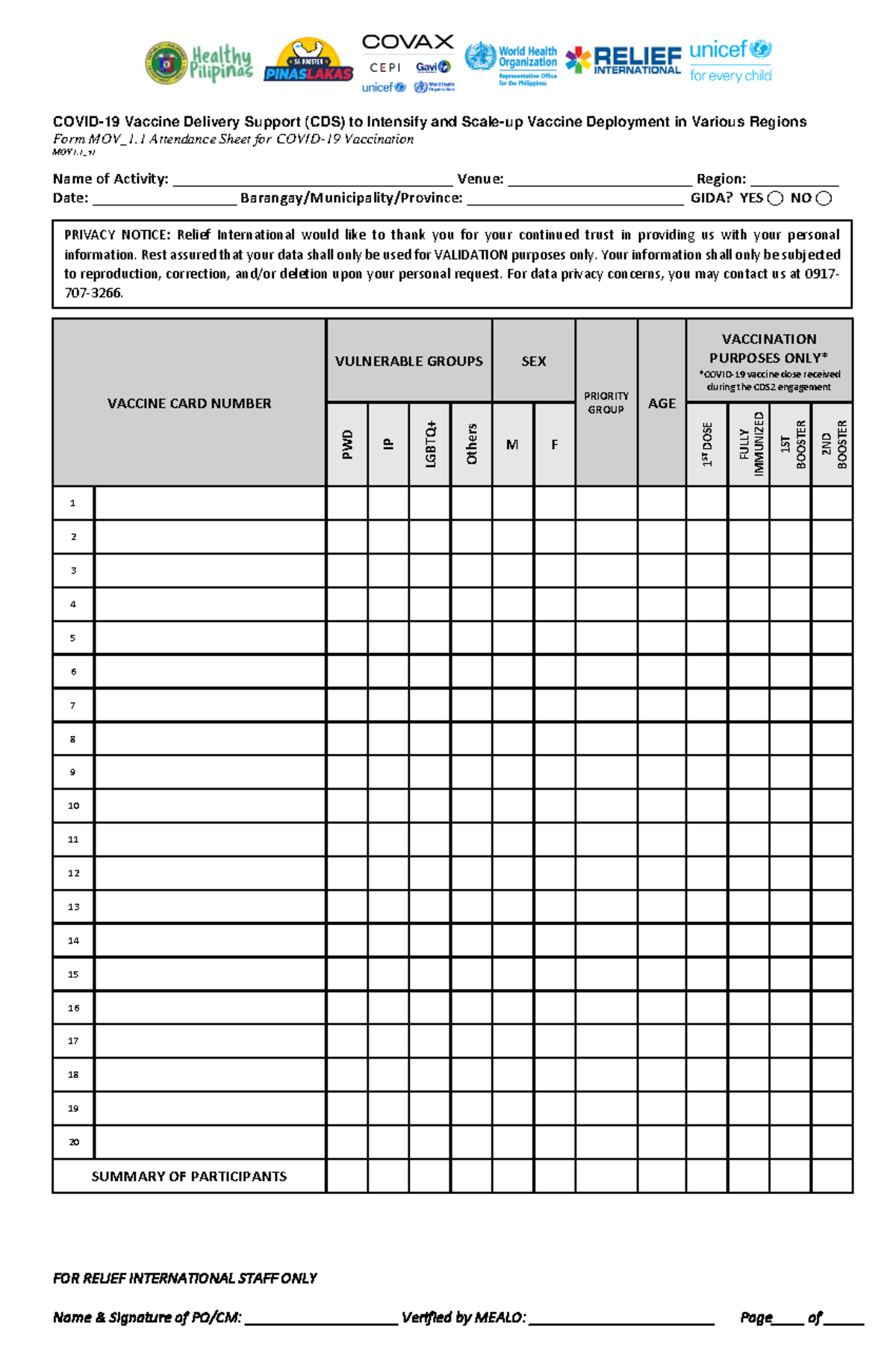 MOV 1.1 Attendance Sheet for Covid-19 Vaccination - COVID-19 Vaccine ...