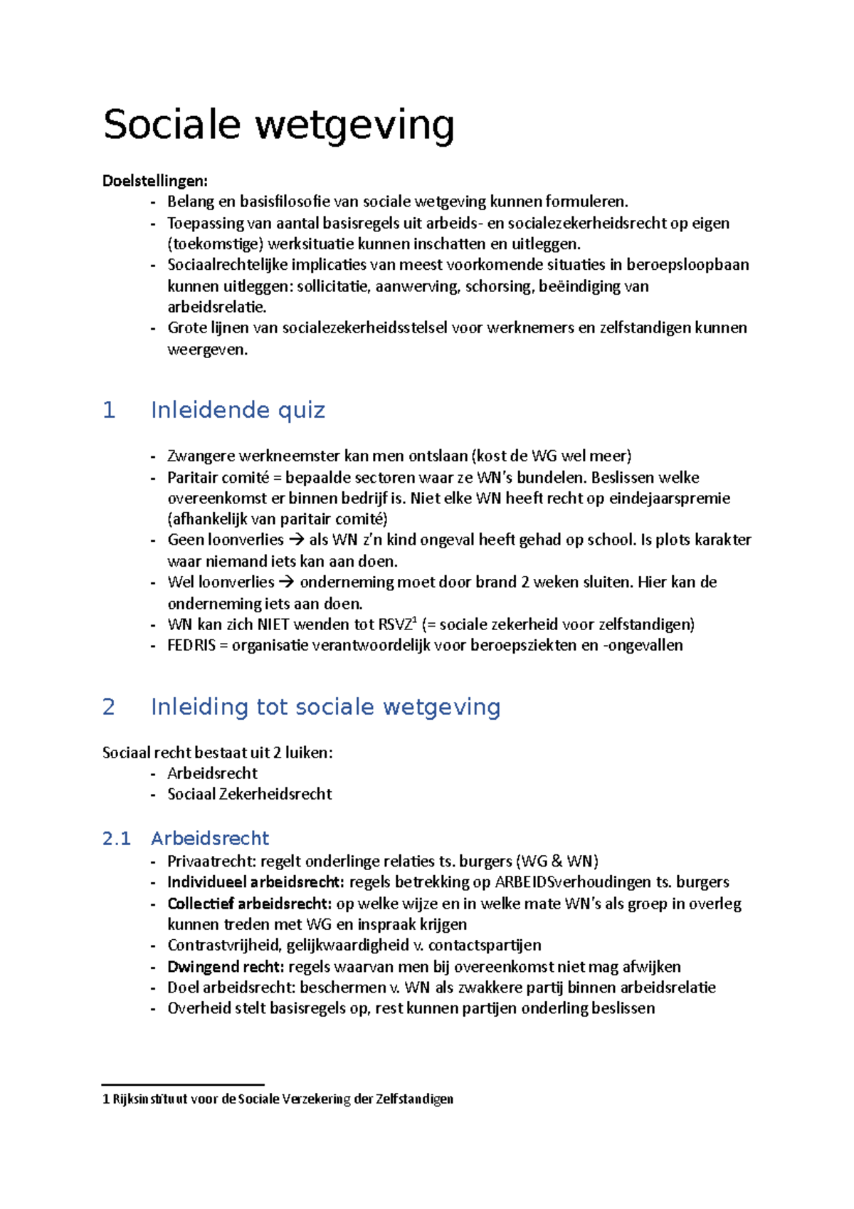 Samenvatting - Sociale Wetgeving Doelstellingen: - Belang En ...