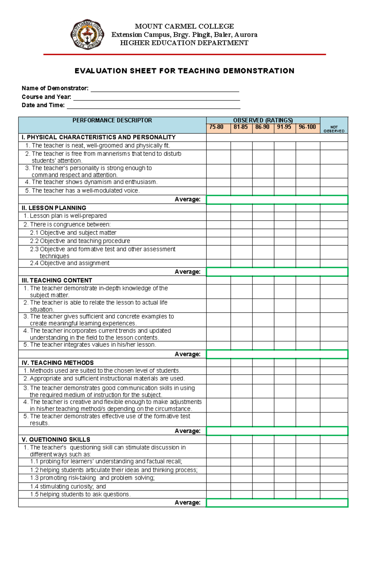 Evaluation Sheet FOR Teaching Demonstration - MOUNT CARMEL COLLEGE ...