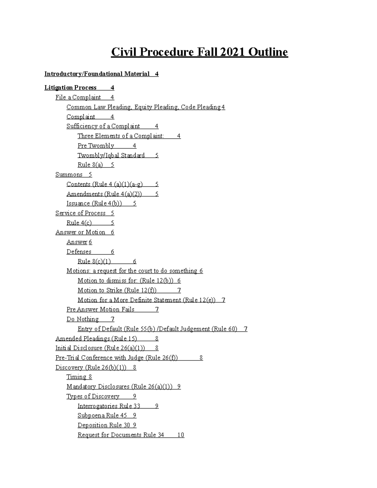 Civ Pro Outline - Civil Procedure Fall 2021 Outline Introductory ...