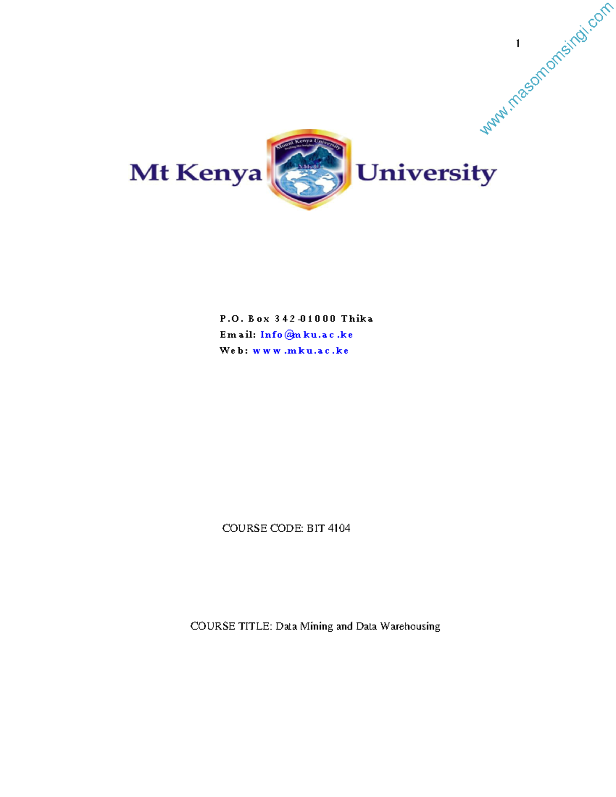 BIT 4104 DATA Mining - COURSE CODE: BIT 4104 COURSE TITLE: Data Mining ...