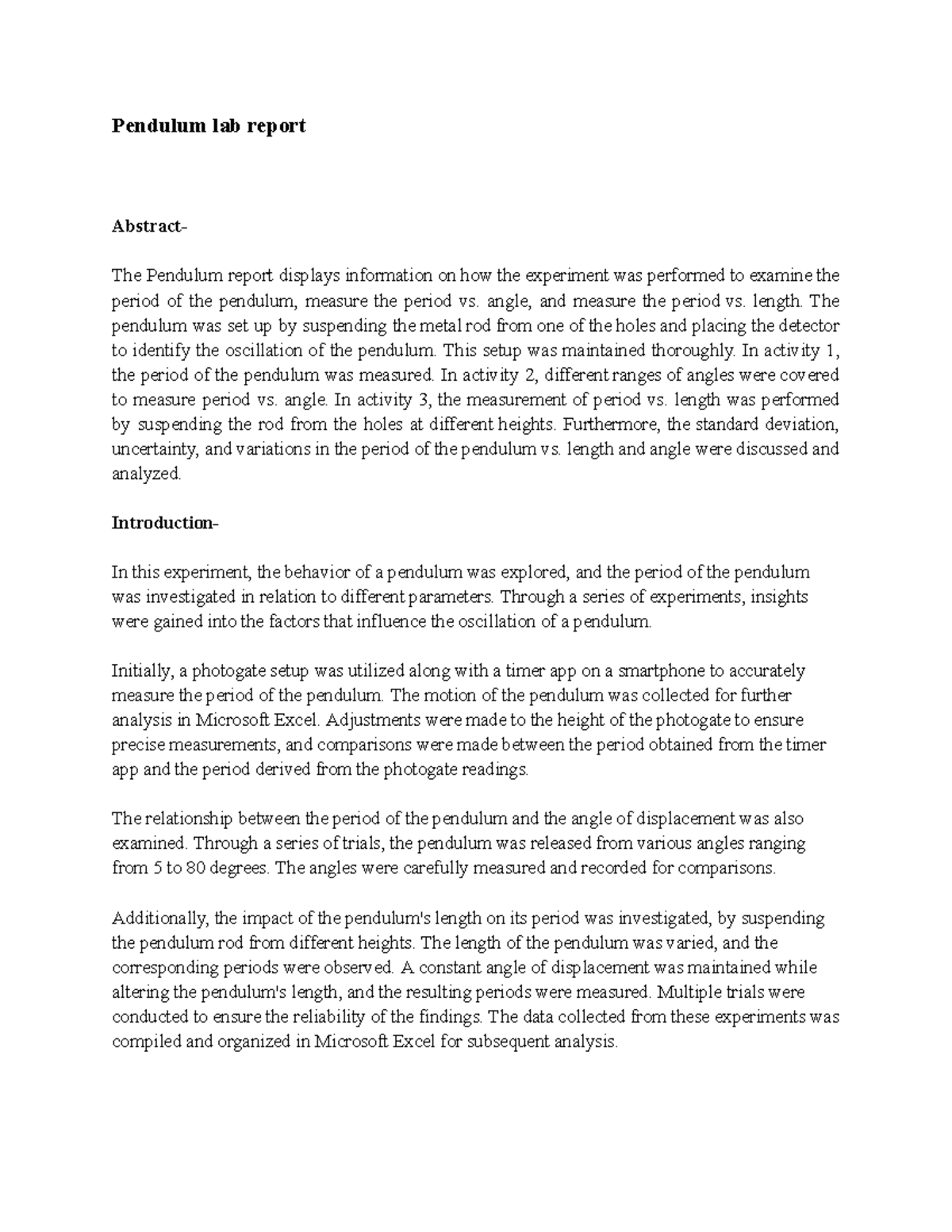 assignment for lab - Pendulum lab report Abstract- The Pendulum report ...