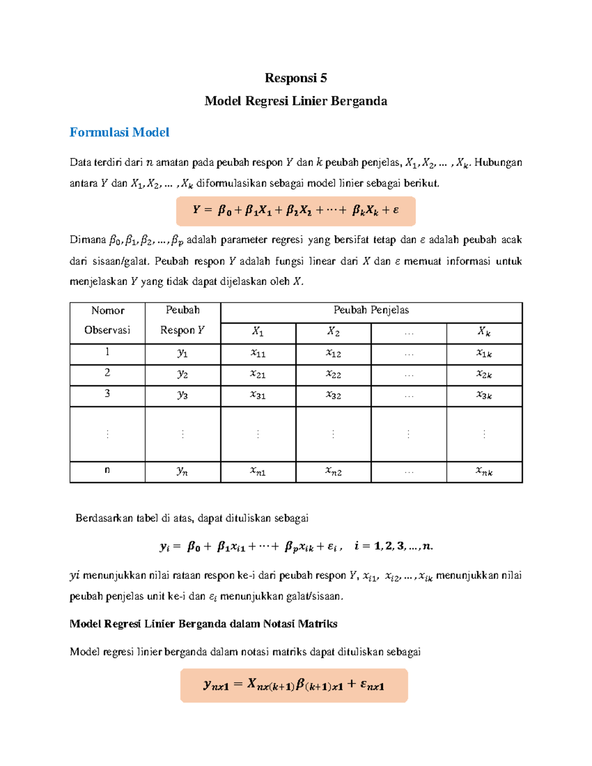 Modul Praktikum 5 Responsi 5 Model Regresi Linier Berganda Formulasi Model Data Terdiri Dari 𝑛