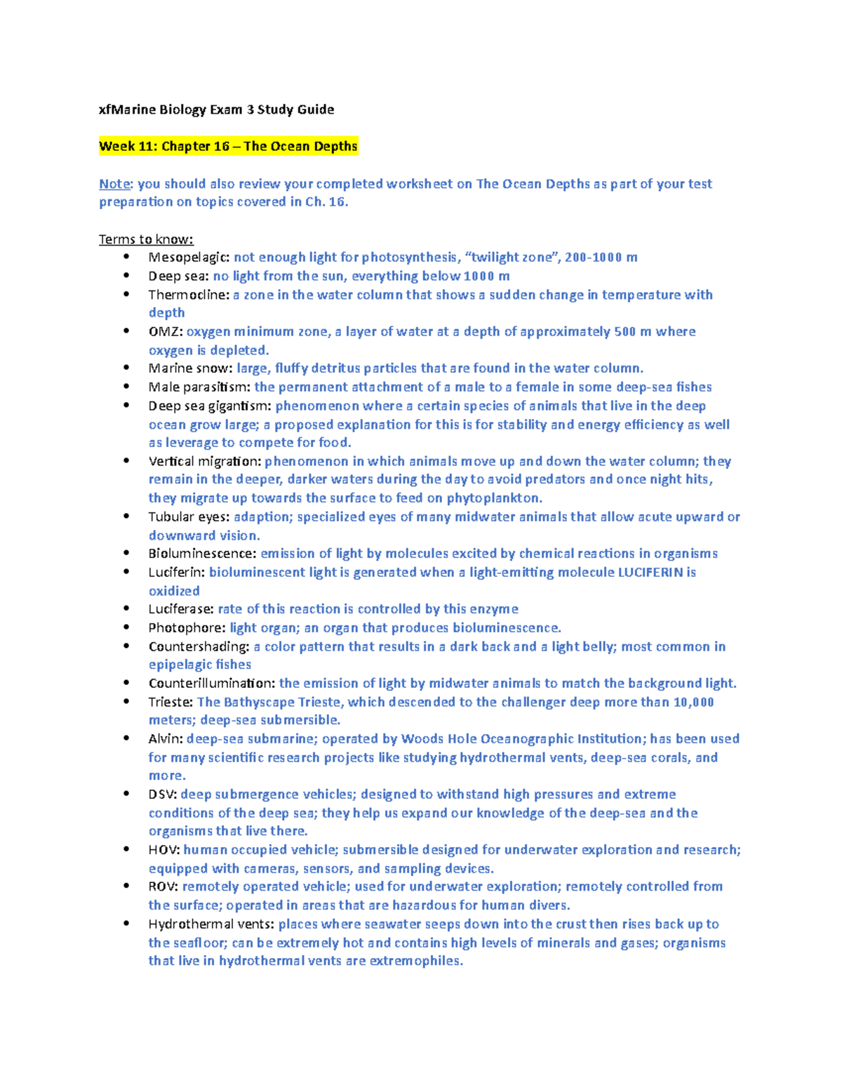 Marine Biology Exam 3 This is a study guide for exam 3. I filled it
