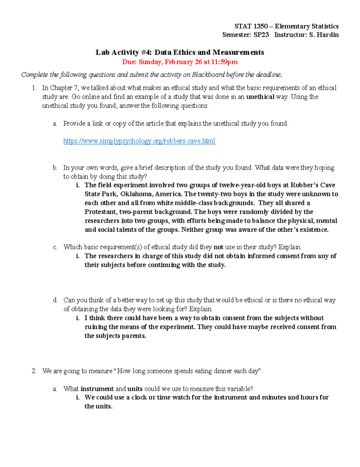 Activity #4 - Professor Sara hardin - STAT 1350 – Elementary Statistics ...