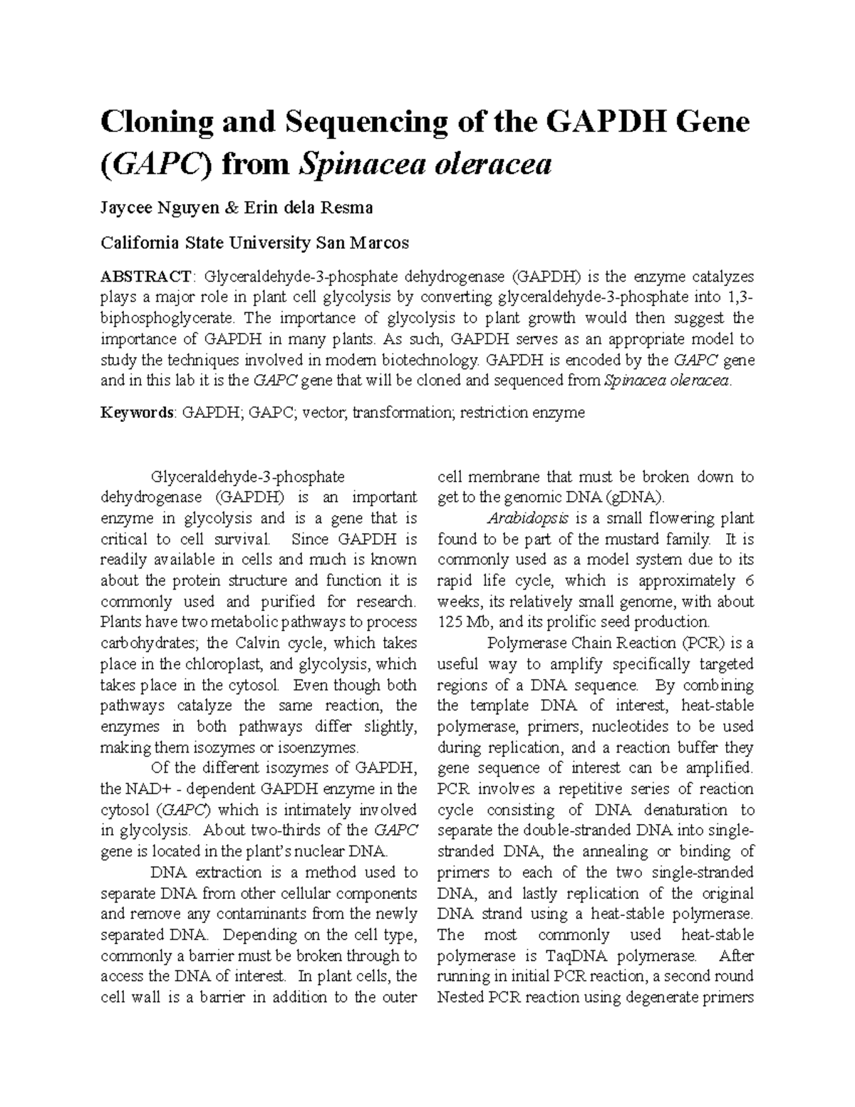 Cloning and Sequencing of the Gapdh Gene Cloning and Sequencing of