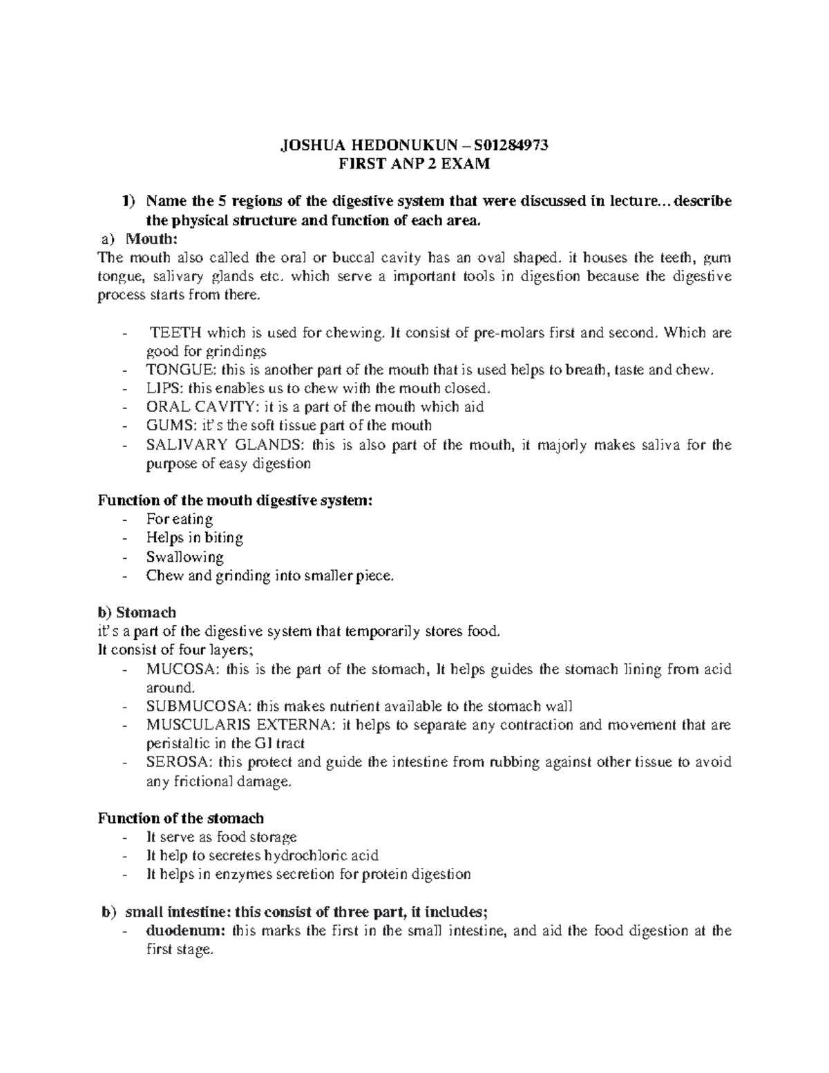 anatomy and physiology 2 - JOSHUA HEDONUKUN – S FIRST ANP 2 EXAM Name ...