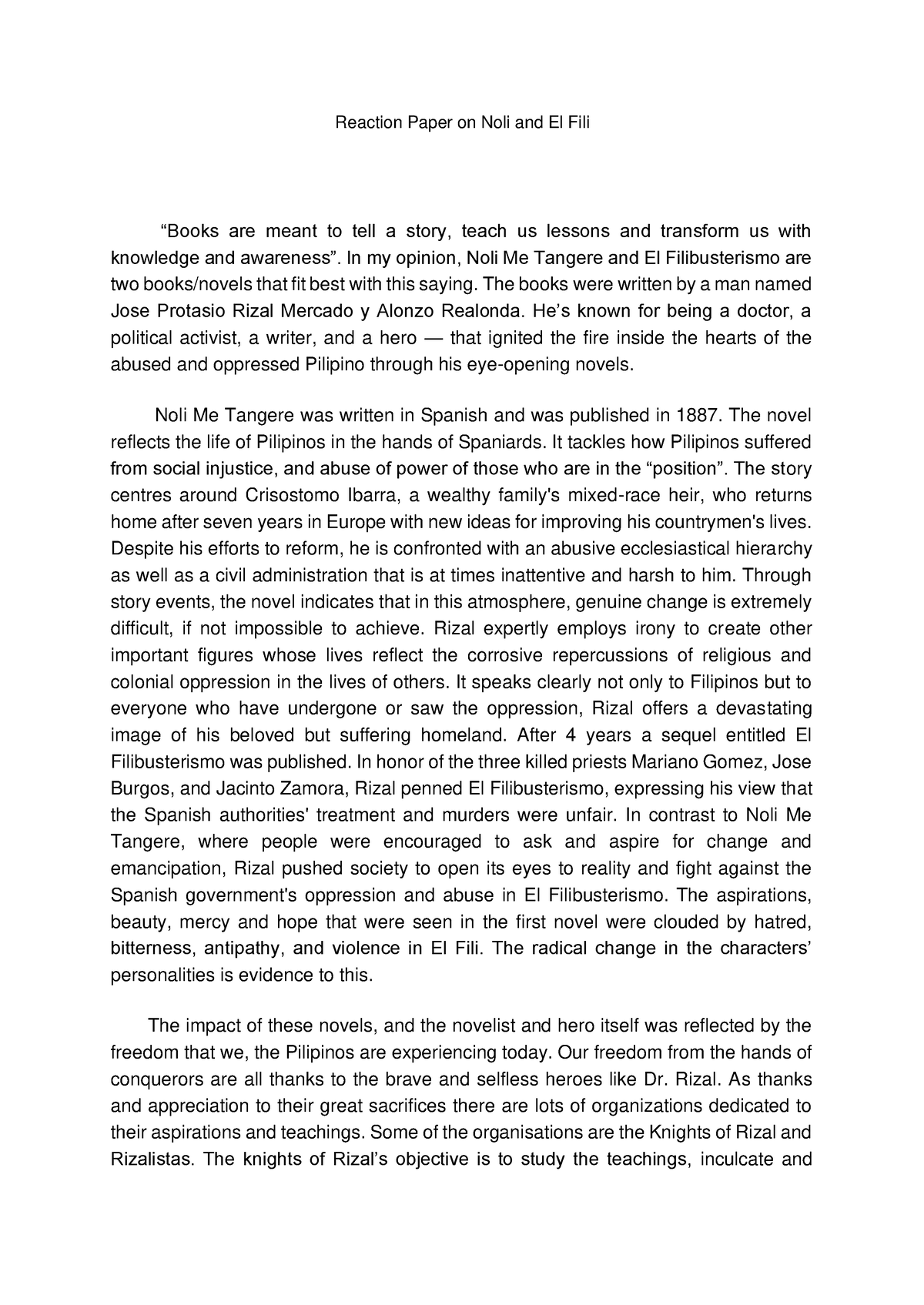 Noli and fili reaction paper - Reaction Paper on Noli and El Fili