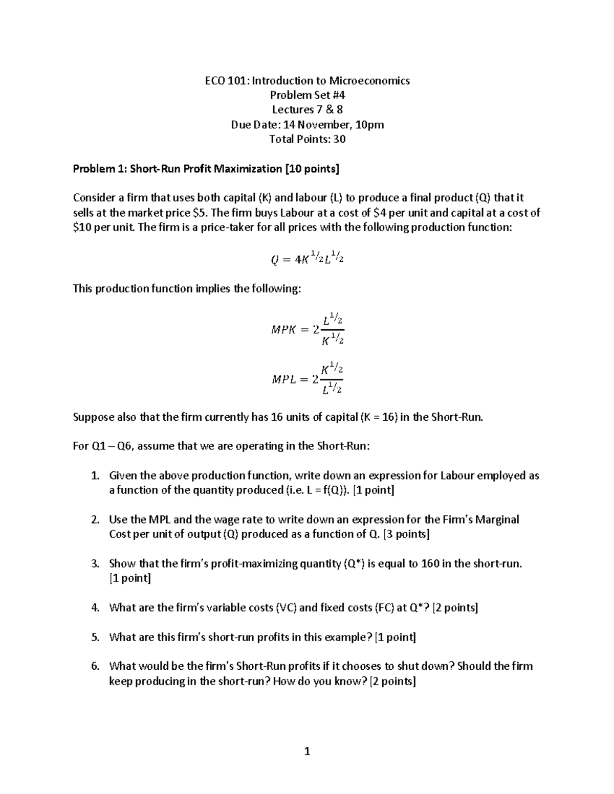 Eco101 Problem Set 4 - Eco 101: Introduction To Microeconomics Problem 