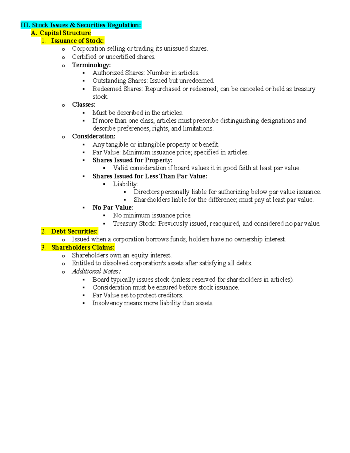 Stock Issues and Securities Regulation Test Max Outline - III. Stock ...