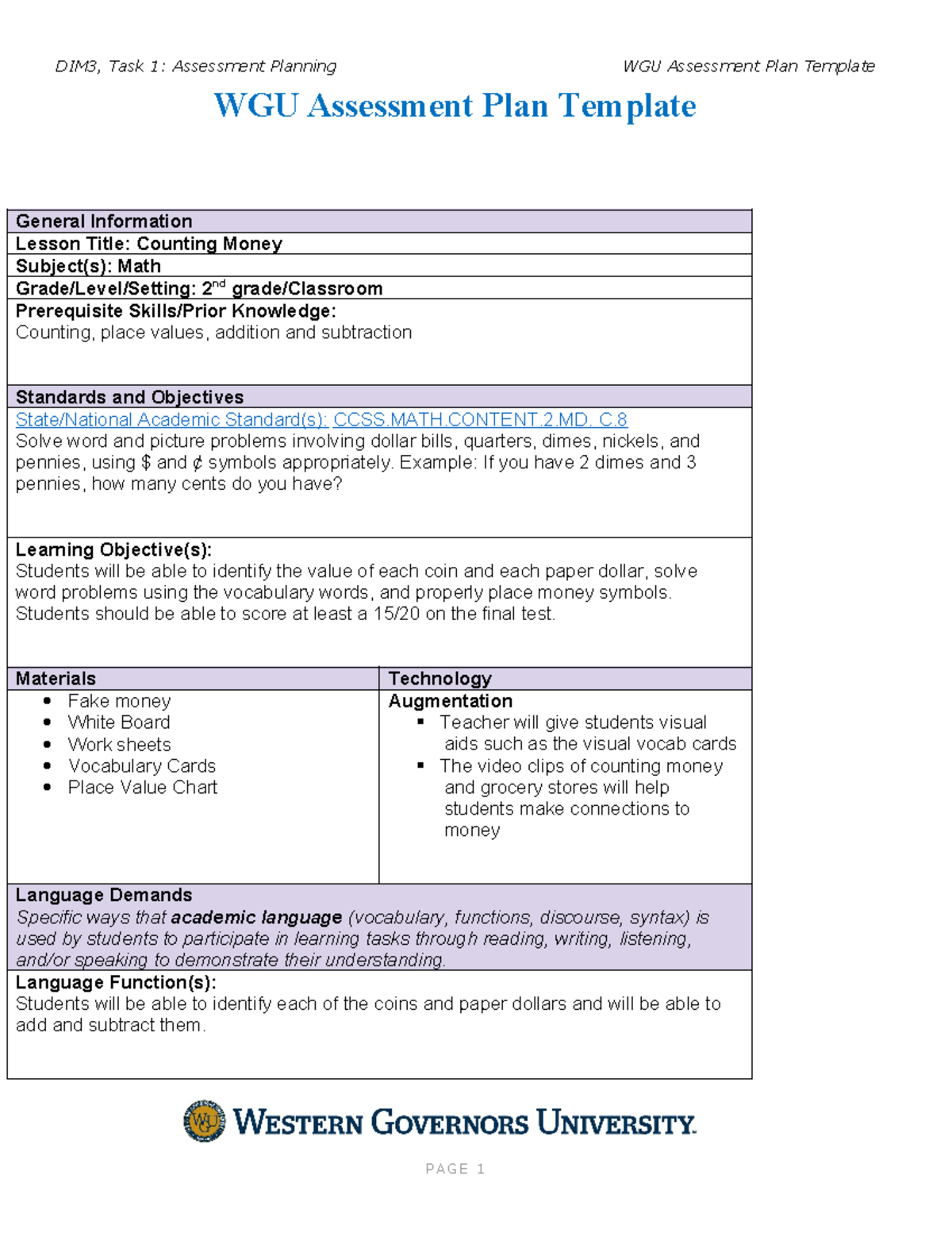 D093 Task 1 - To Help - WGU Assessment Plan Template General ...