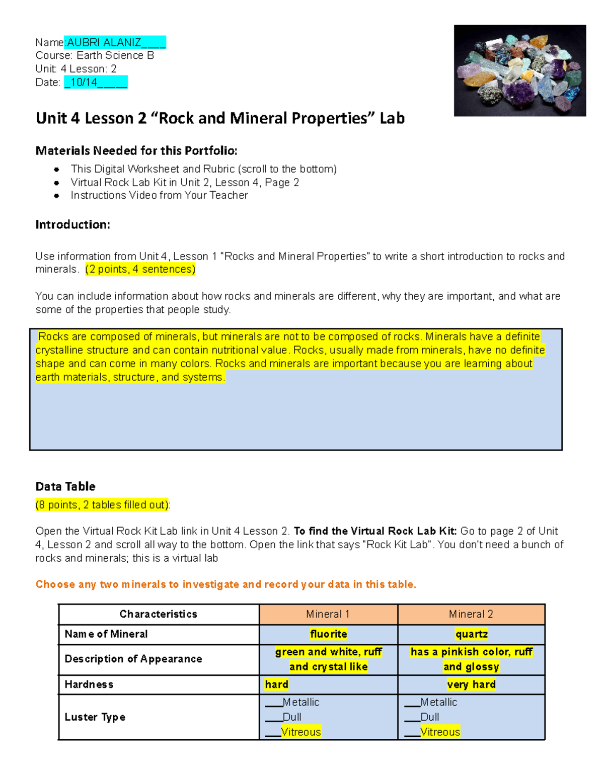 Copy of ES A U4L2 Rock and Mineral Properties Lab Worksheet Google