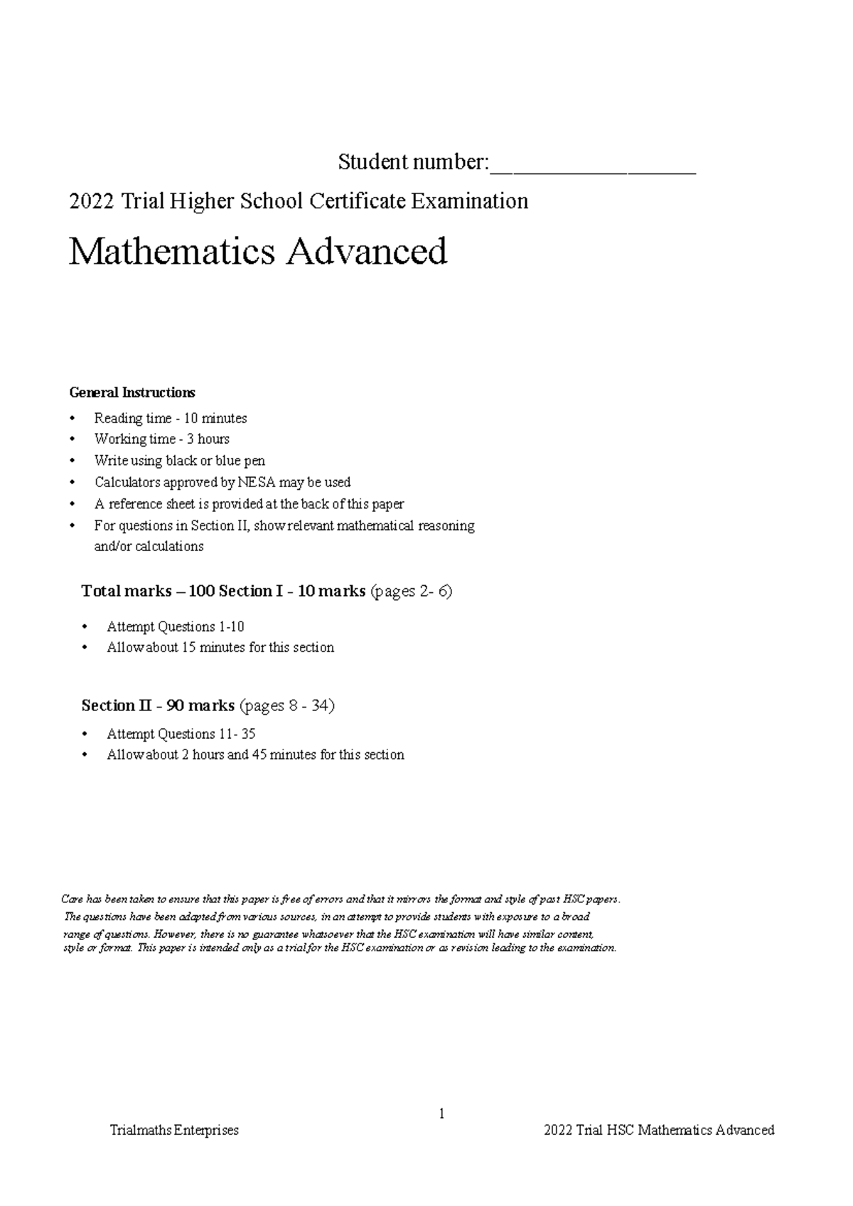 TME 2022 - mATH - 1 Student number:__________________ 2022 Trial Higher ...