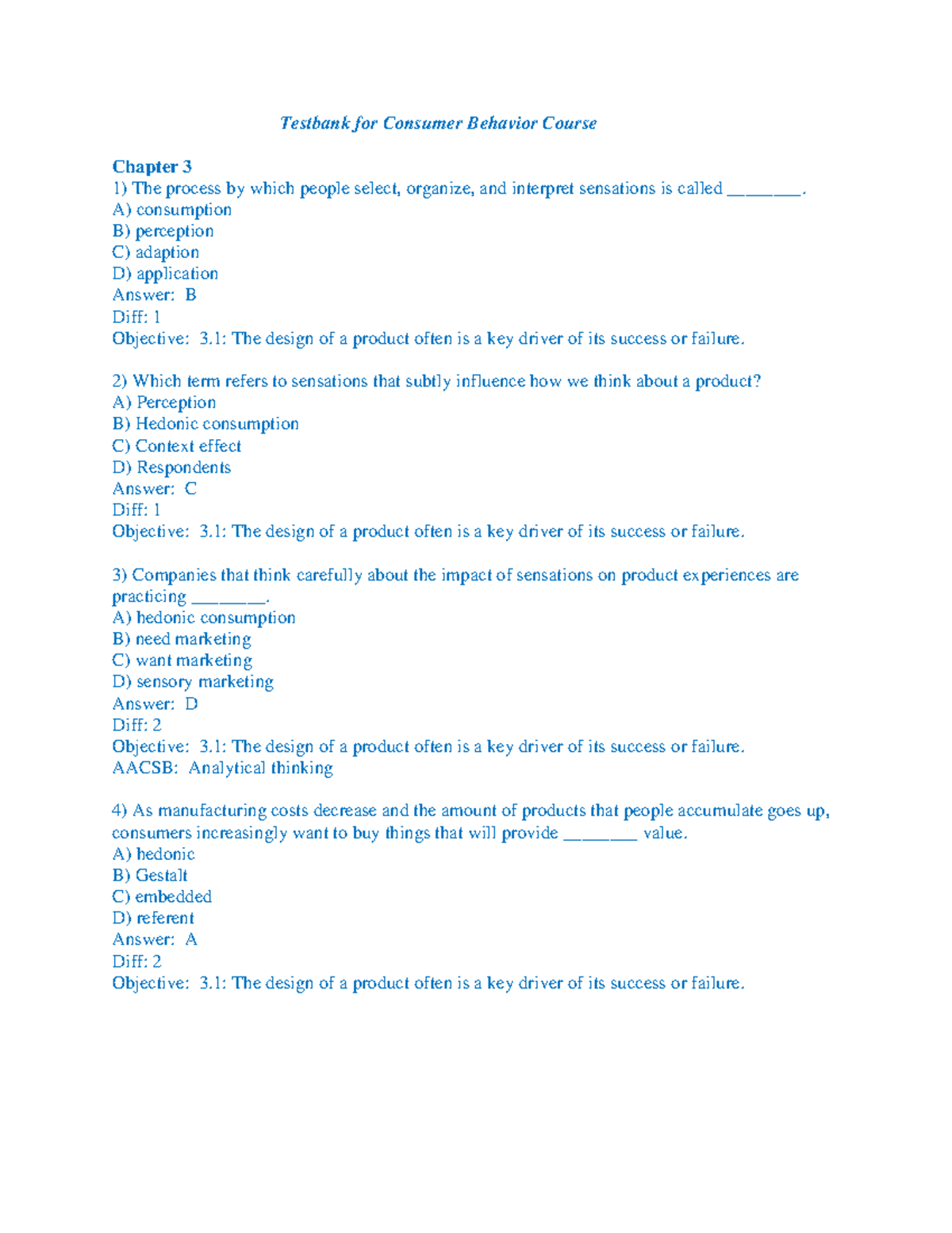 Chapter3consumerbehav - Testbank for Consumer Behavior Course Chapter 3 ...