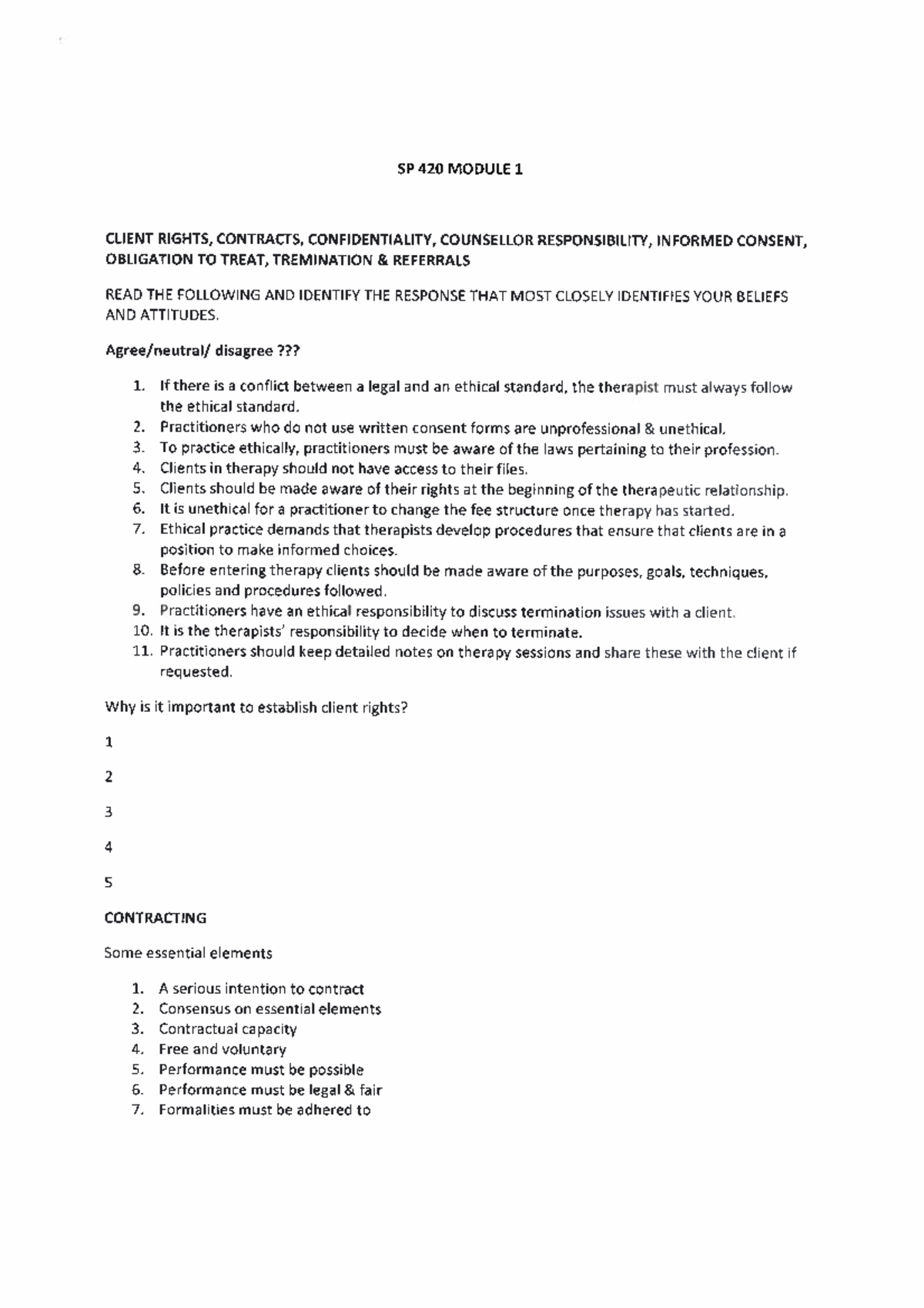 Client rights, Contracts, Confidentiality, Counsellor responsibility ...