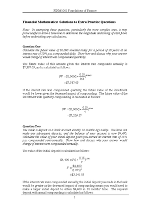 1a) Financial Mathematics Practice Questions - FINM1001 Foundations of ...
