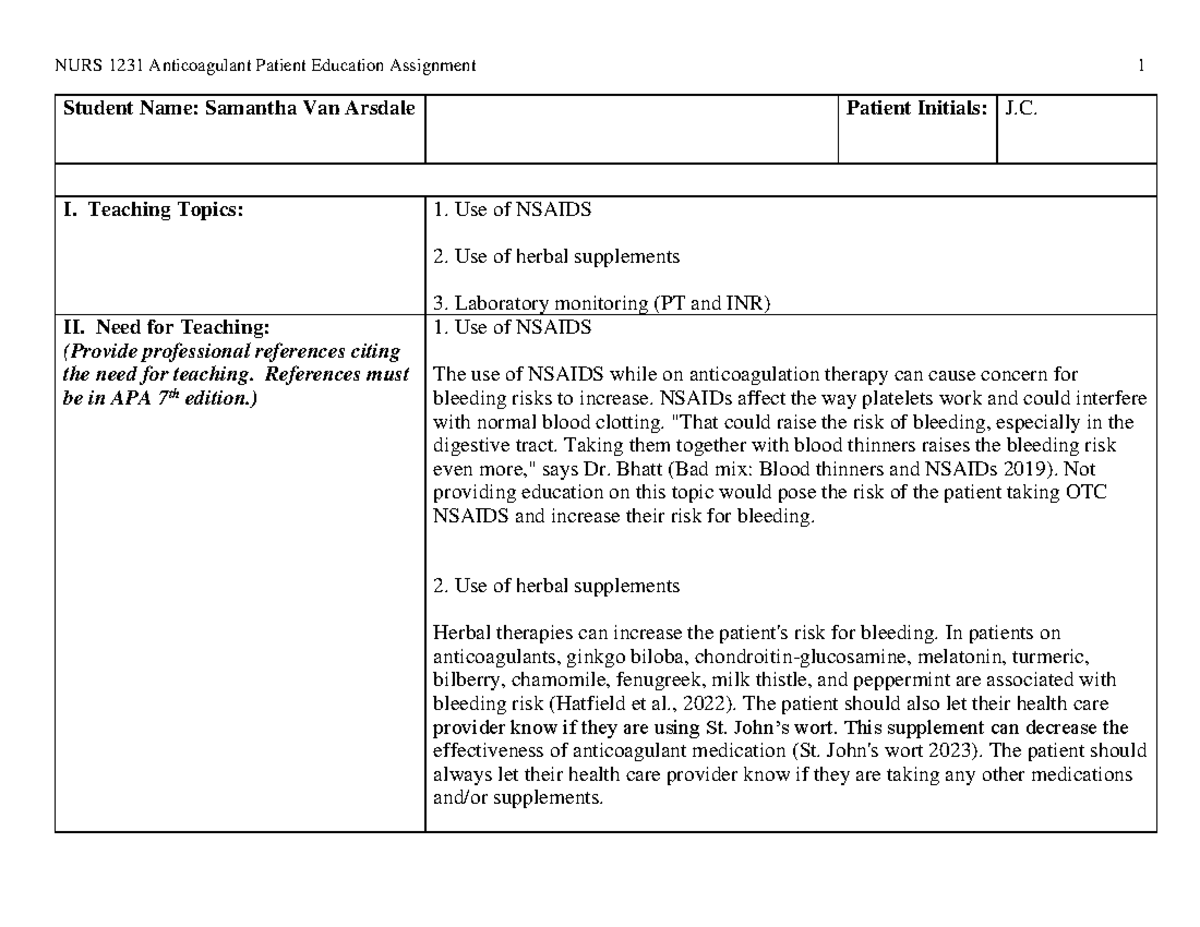 Anticoagulant Assignment Student Name Samantha Van Arsdale Patient