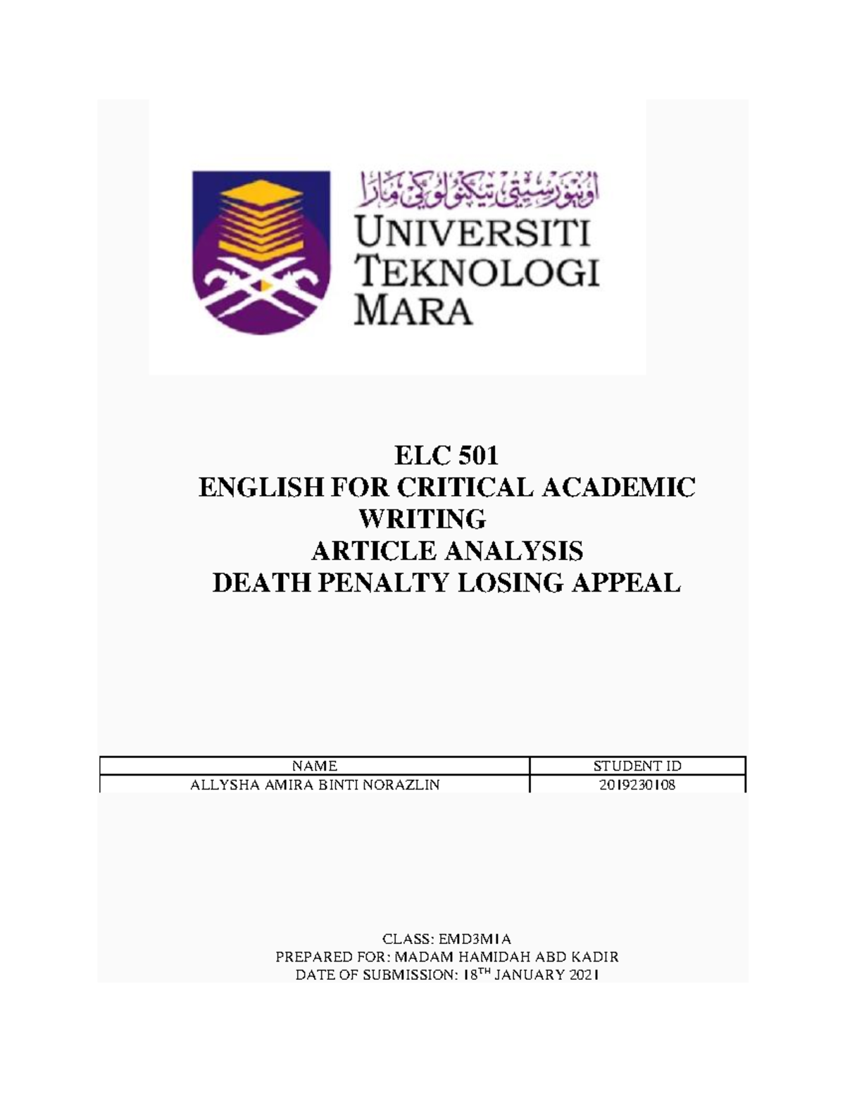 Article Analysis - ELC 501 ENGLISH FOR CRITICAL ACADEMIC WRITING ...