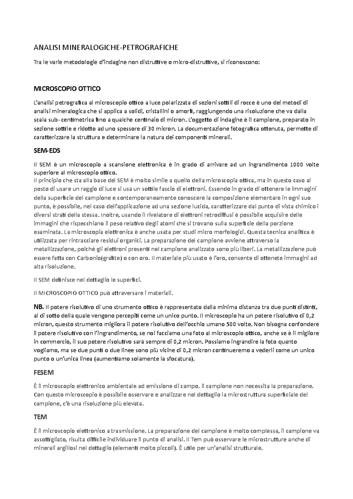 Metodi Analitici Metodologie Analitiche ANALISI MINERALOGICHE 