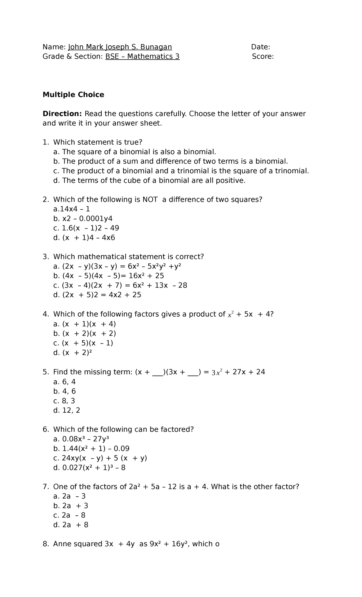 Math 8 Exam - Name: John Mark Joseph S. Bunagan Date: Grade & Section ...
