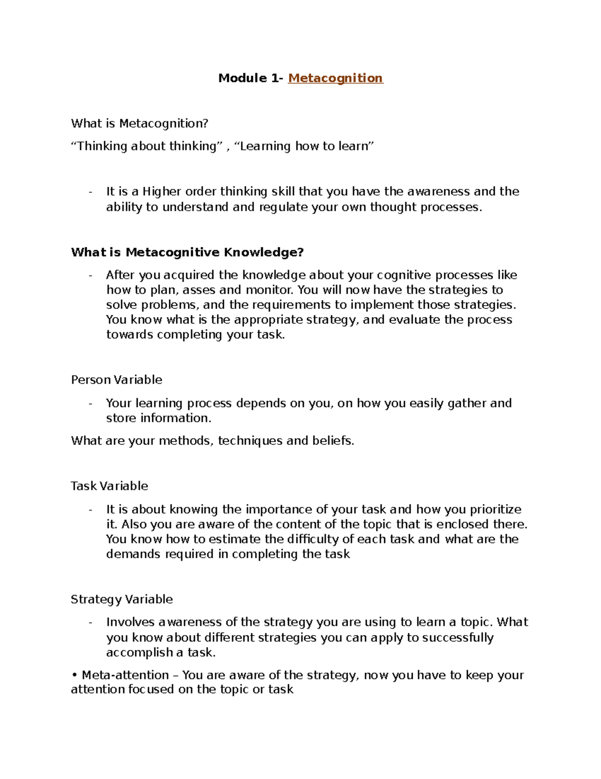 Module 1 Metacognition - Module 1- Metacognition What is Metacognition ...