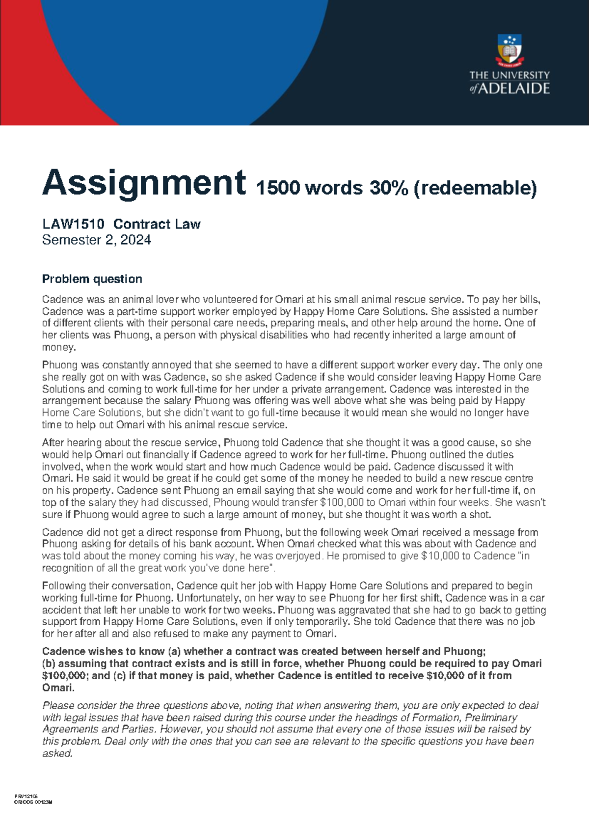 Contract Law 2024 assignment - PRV LAW1510 Contract Law Semester 2, 202 ...