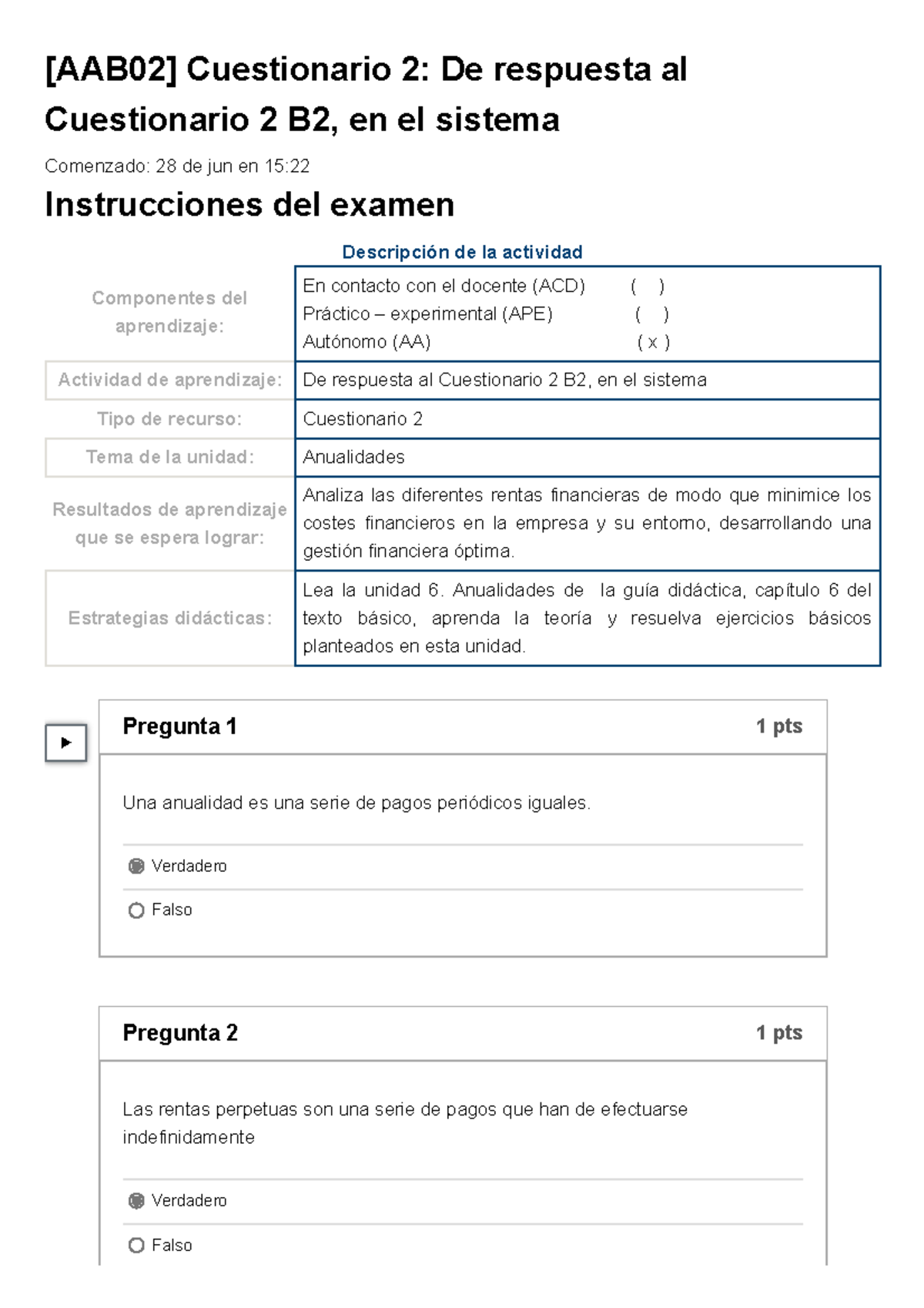 Examen [AAB02] Cuestionario 2 De Respuesta Al Cuestionario 2 B2, En El ...