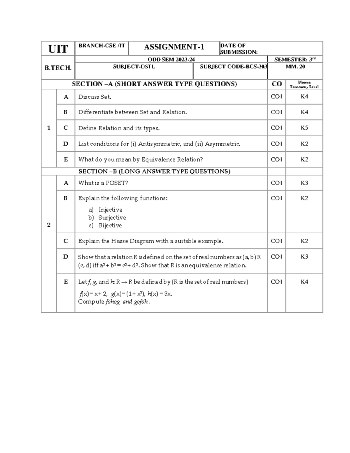 DSTL Assignment 1 - UIT BRANCH-CSE /IT ASSIGNMENT- 1 DATE OF SUBMISSION ...