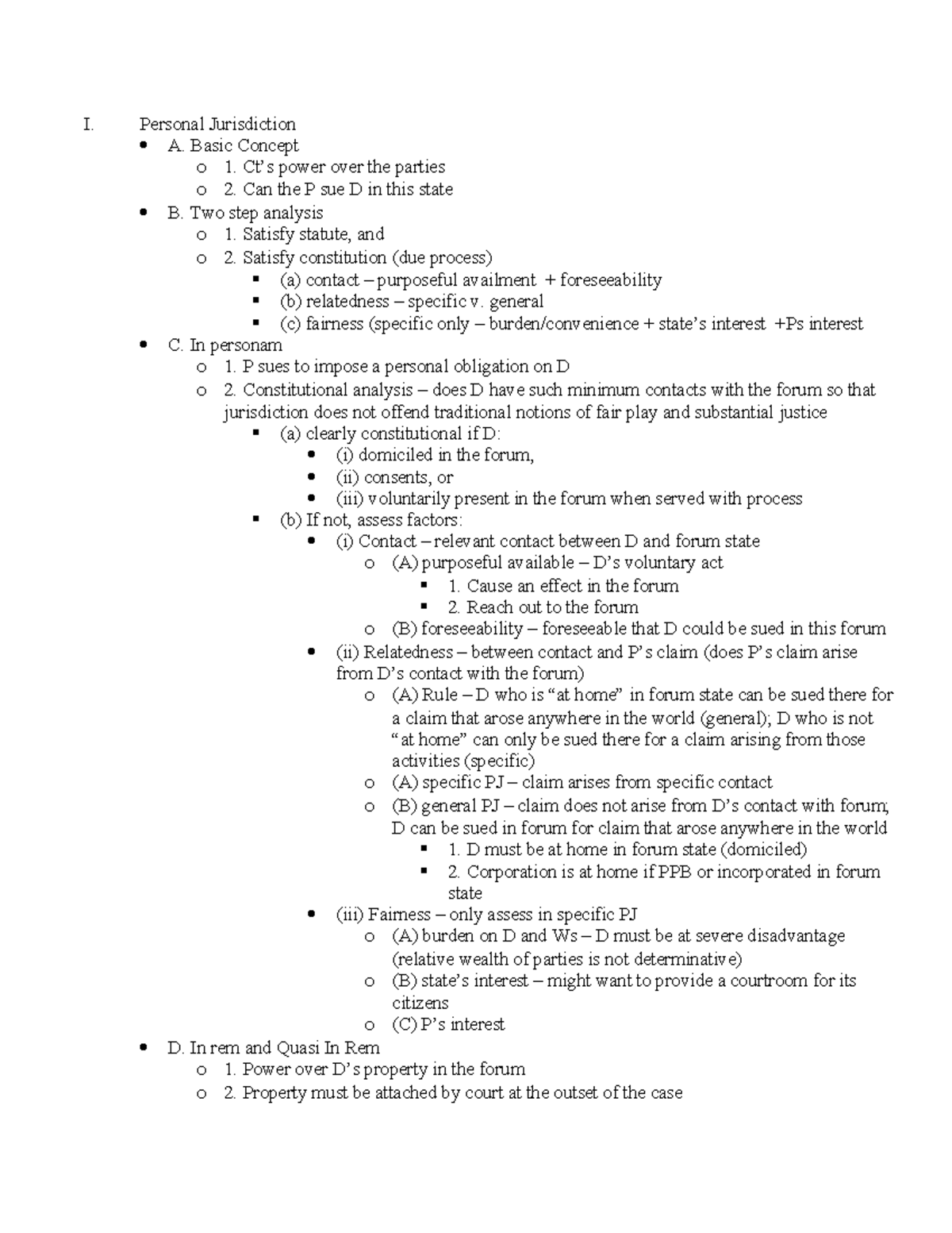 Civ Pro Fed Outline - I. Personal Jurisdiction A. Basic Concept O 1. Ct ...