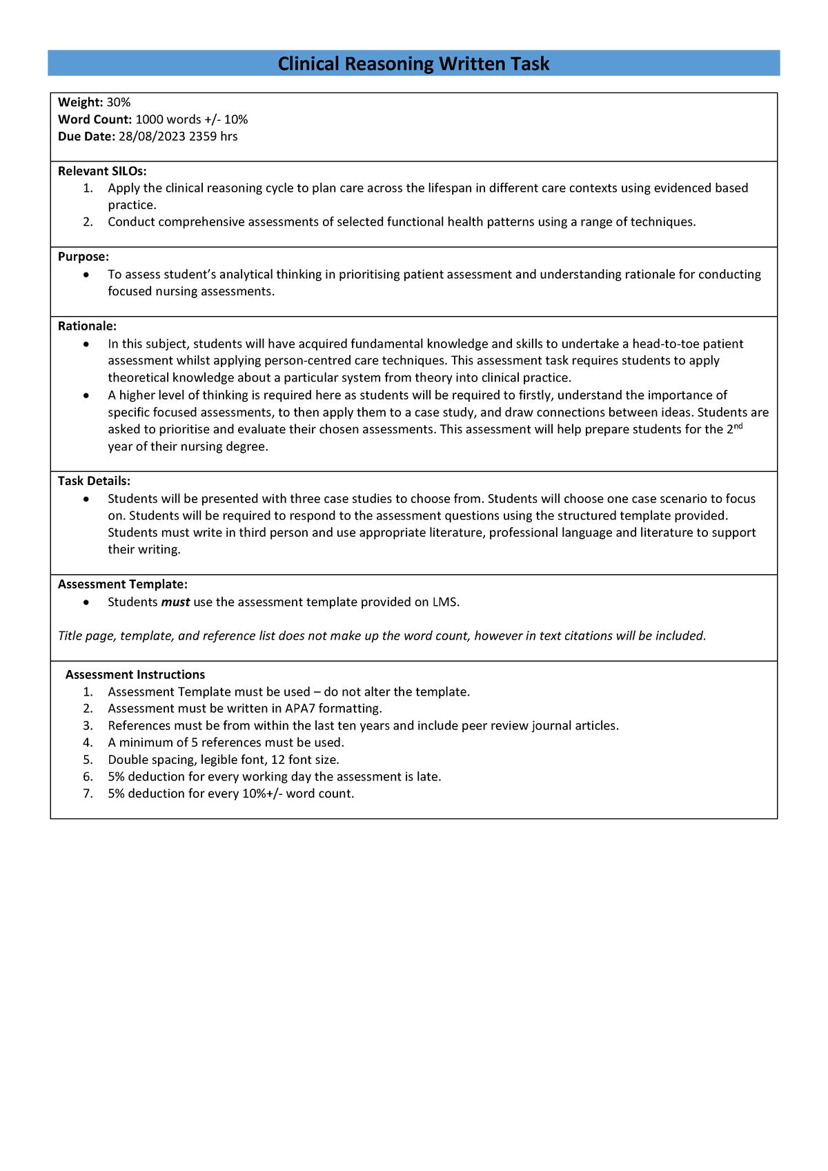 Clinical Reasoning Written Task Instructions 2023 - Clinical Reasoning ...