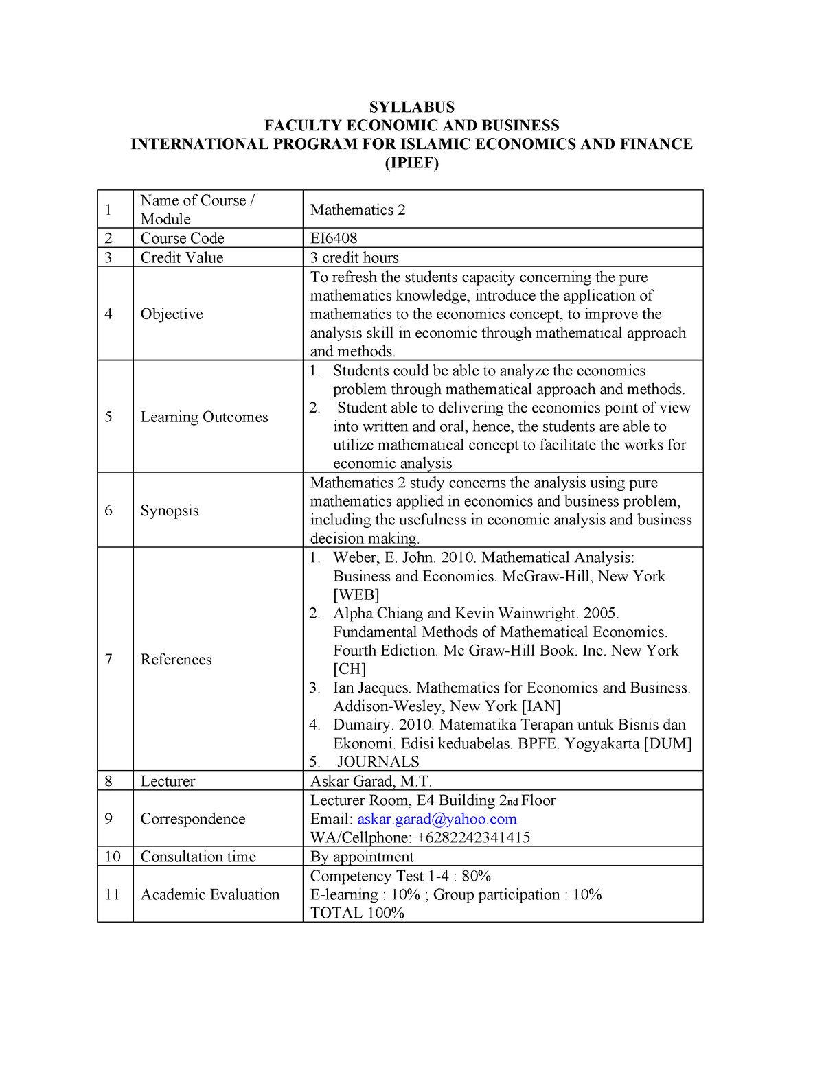 Syllabus Mathematics Economics AND Business 1 - SYLLABUS FACULTY ...