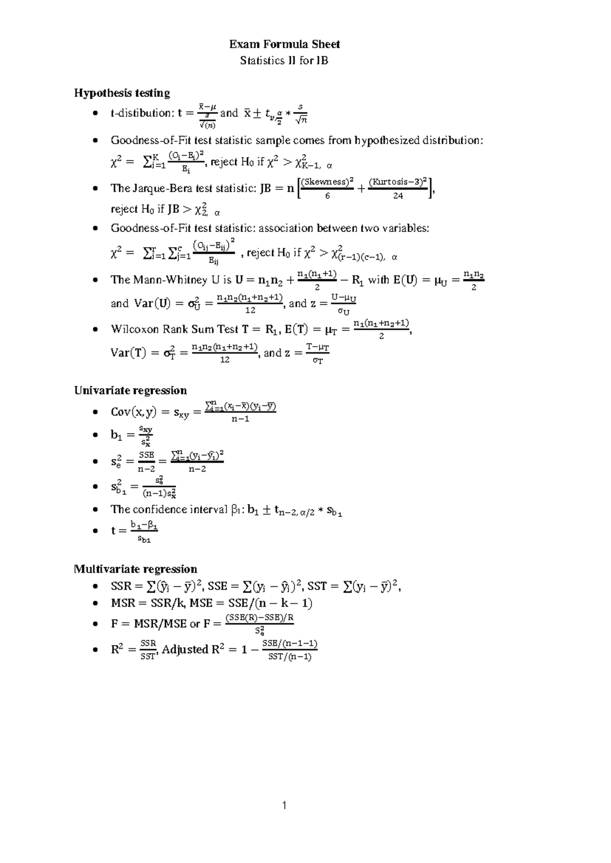 Stats Exam Formula Sheet - Exam Formula Sheet Statistics II for IB 1 ...