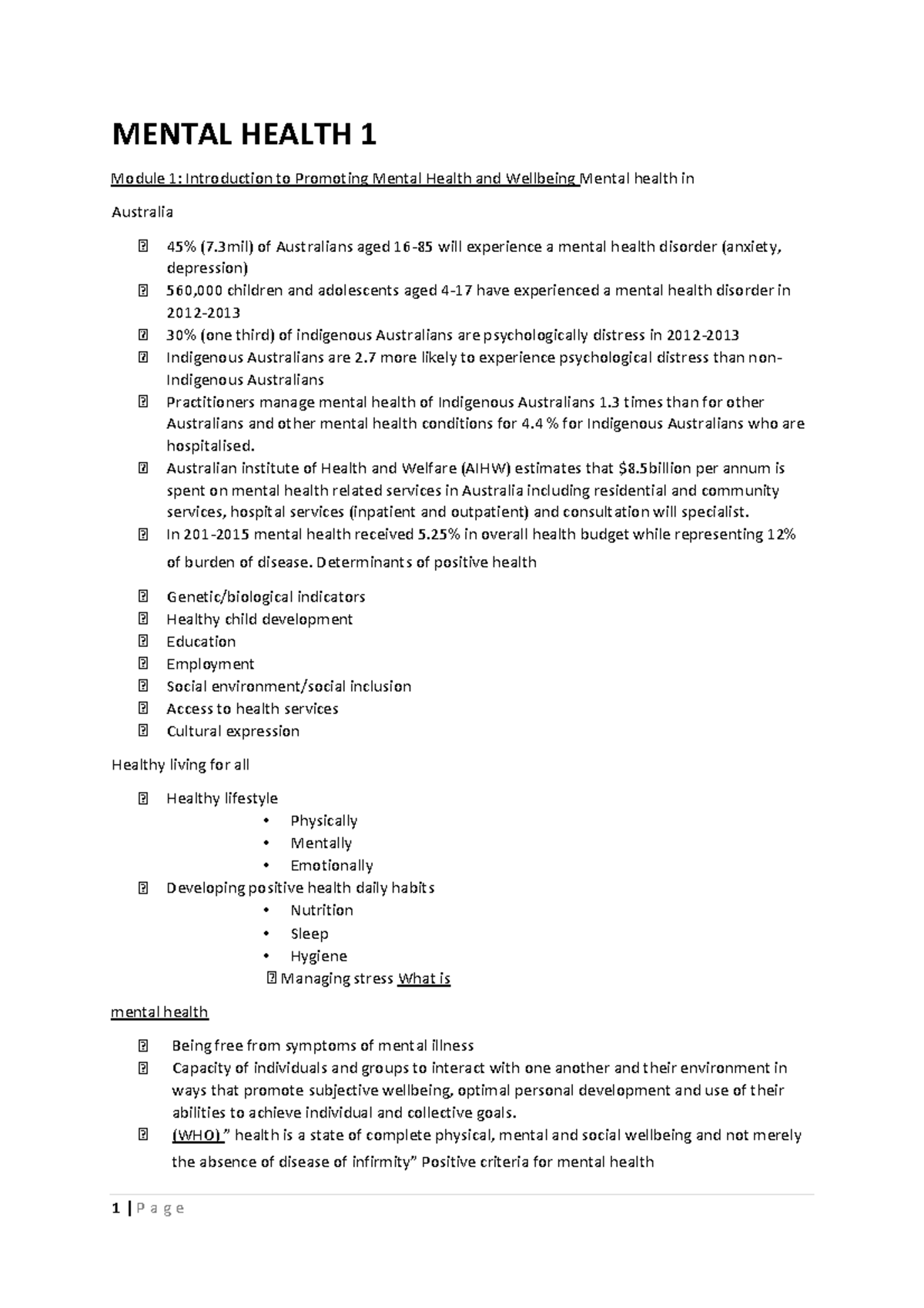 Mental Health 1 Study Notes - MENTAL HEALTH 1 Module 1: Introduction to ...