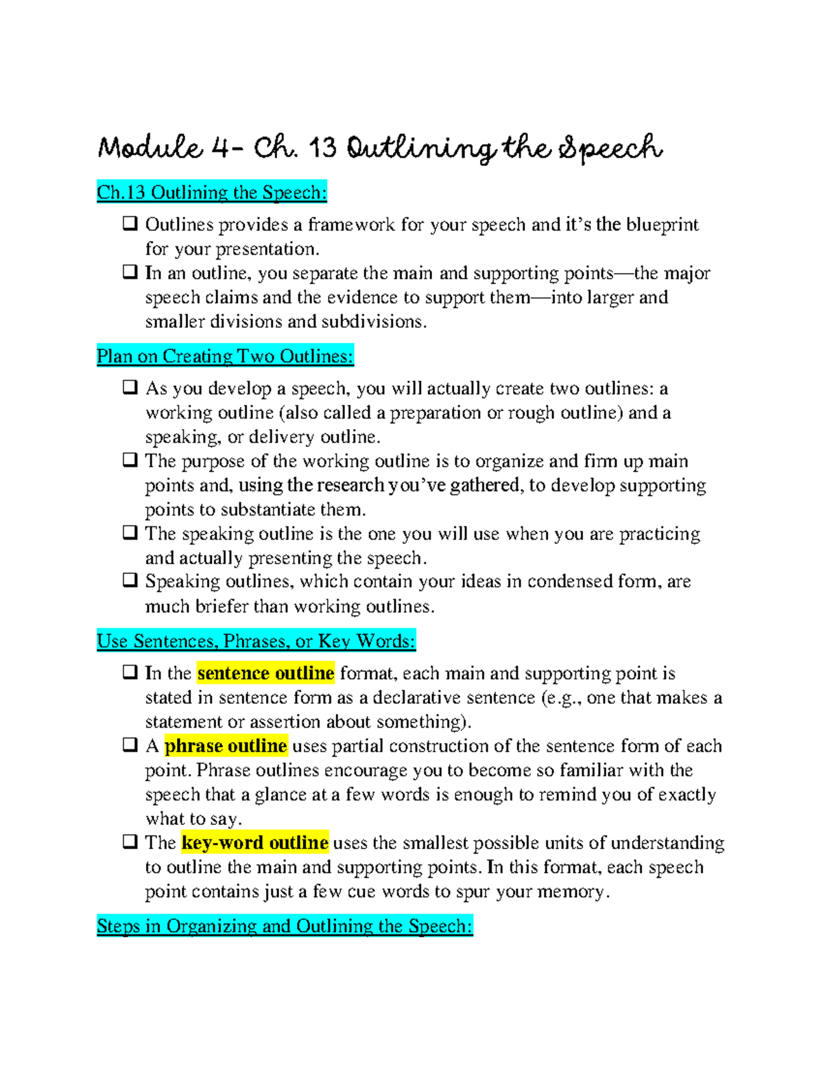 Public Speaking Notes 7 - Module 4- Ch. 13 Outlining the Speech Ch ...