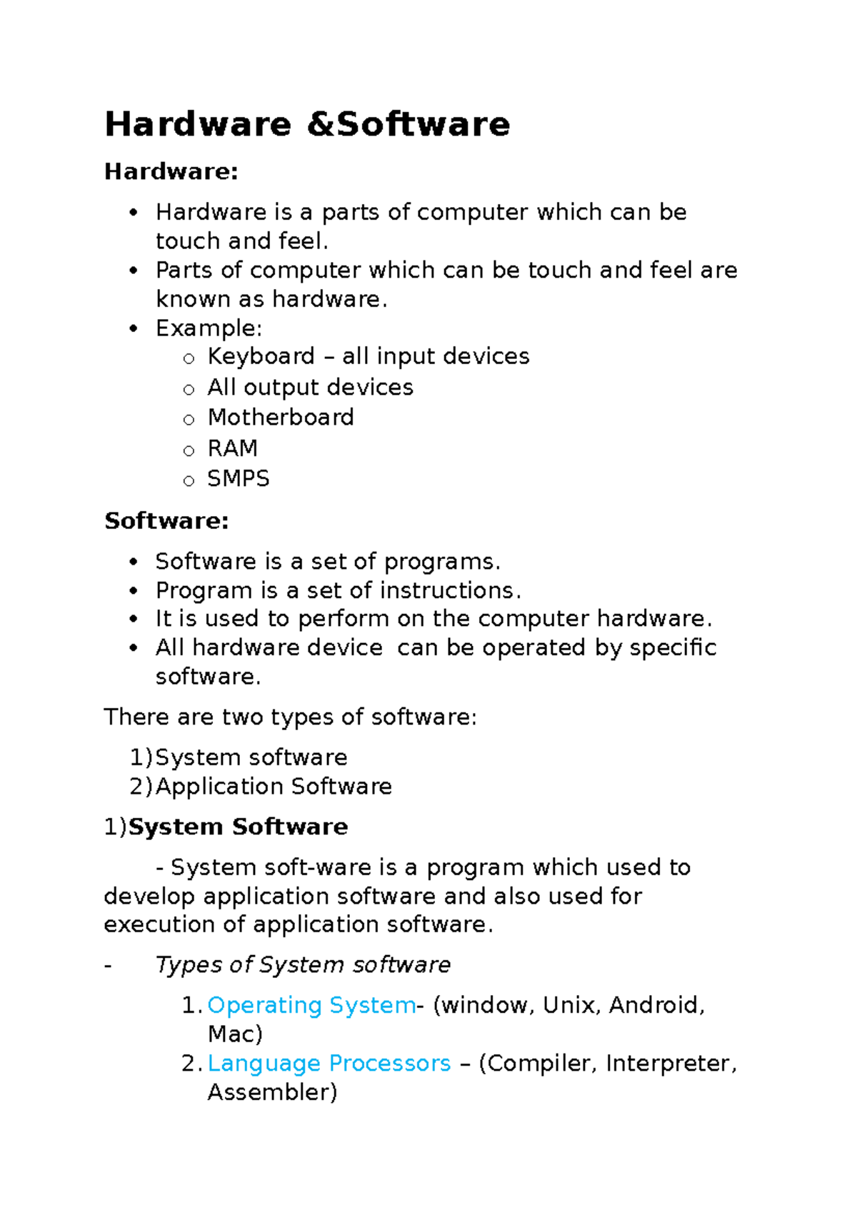 Hardware Software - Hardware &Software Hardware: Hardware Is A Parts Of ...