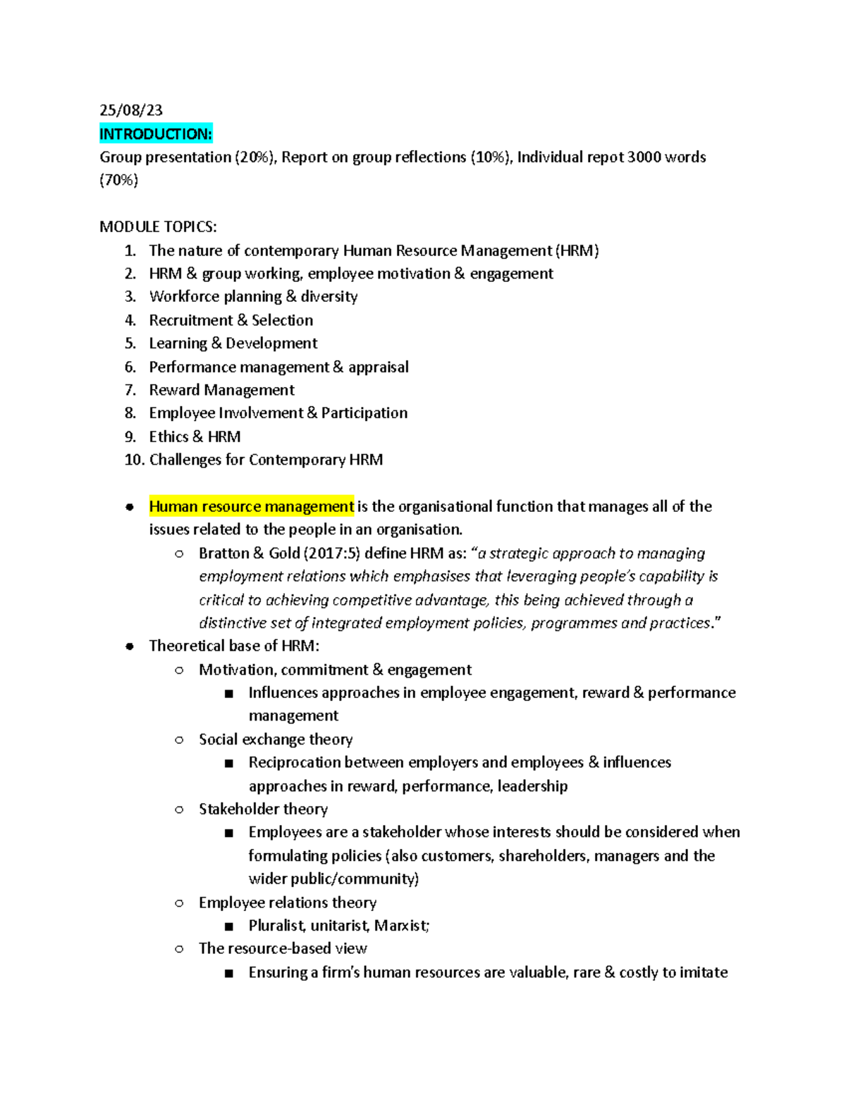 Human resources management - 25/08/ INTRODUCTION: Group presentation ...