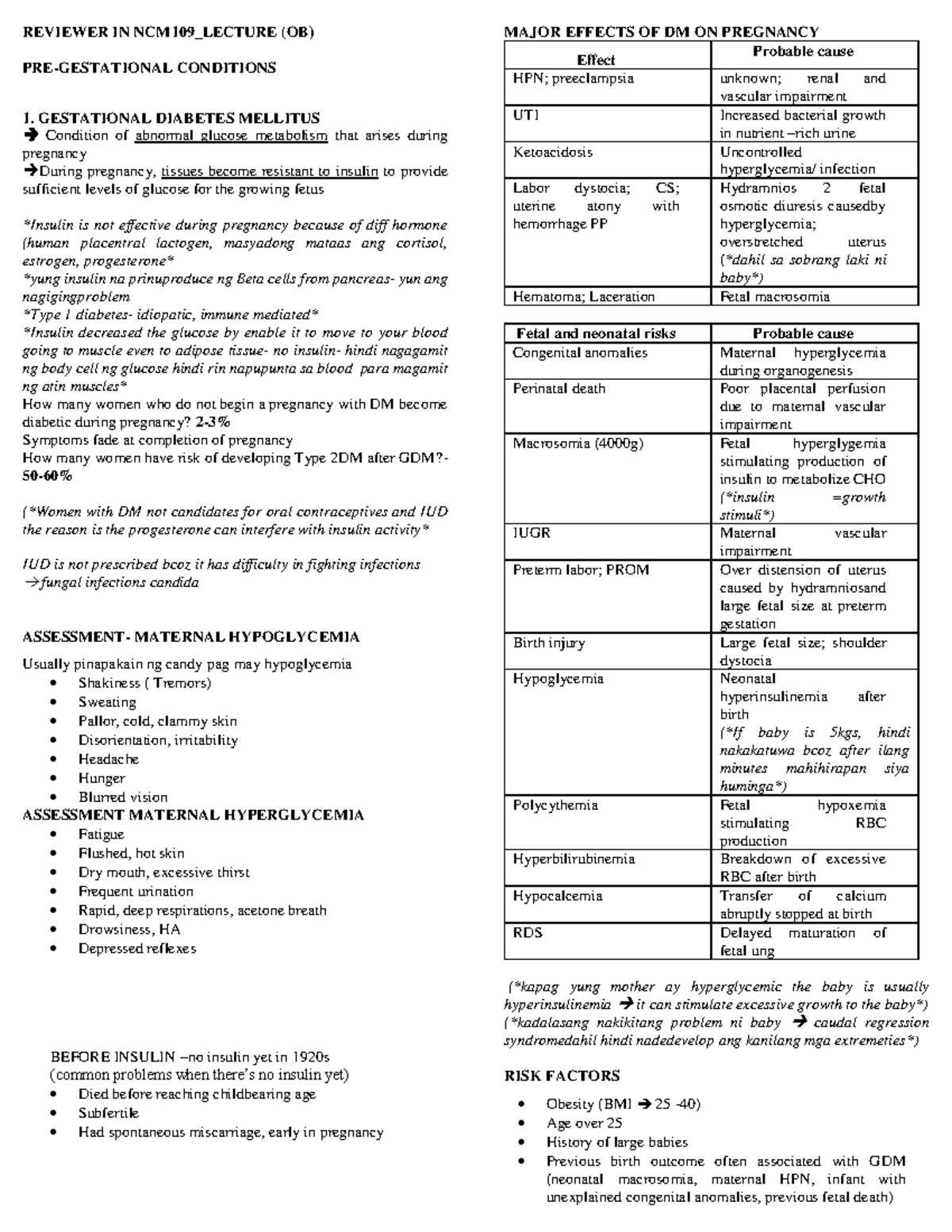 OB Reviewer - Prelim - REVIEWER IN NCM109_LECTURE (OB) PRE-GESTATIONAL ...