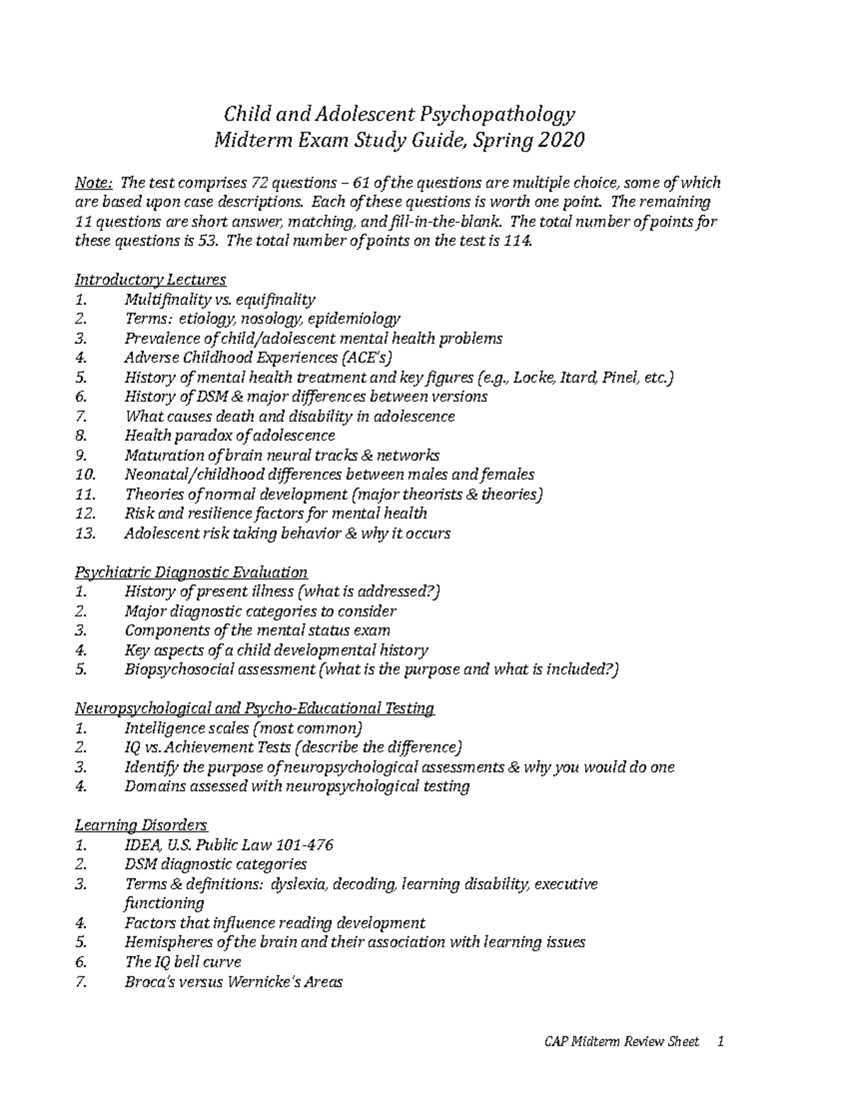 CAP Midterm Review Sheet Spring 2020 Child and Adolescent Psychopathology Midterm Exam Study