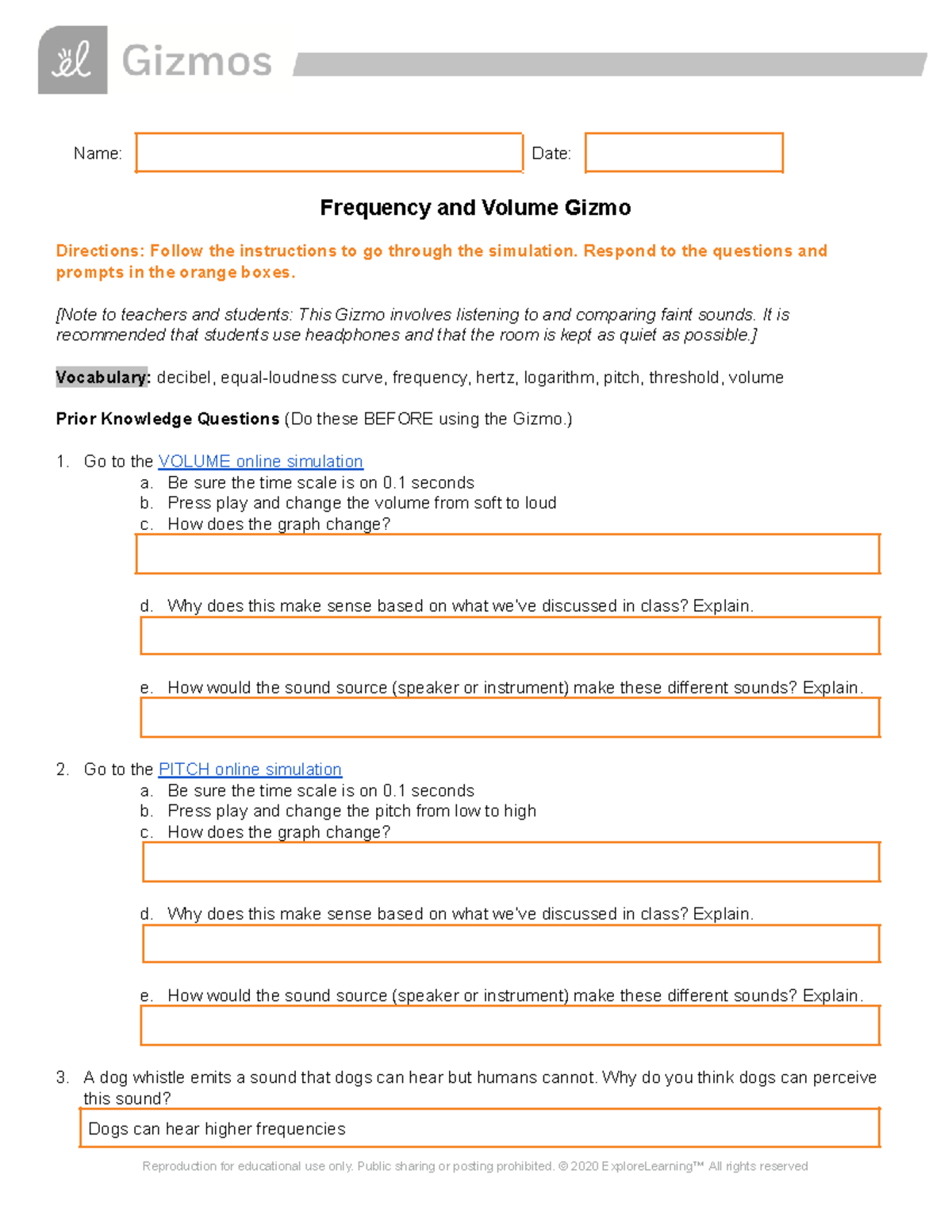 hearing Frequency and Volume Name Date Frequency and Volume Gizmo