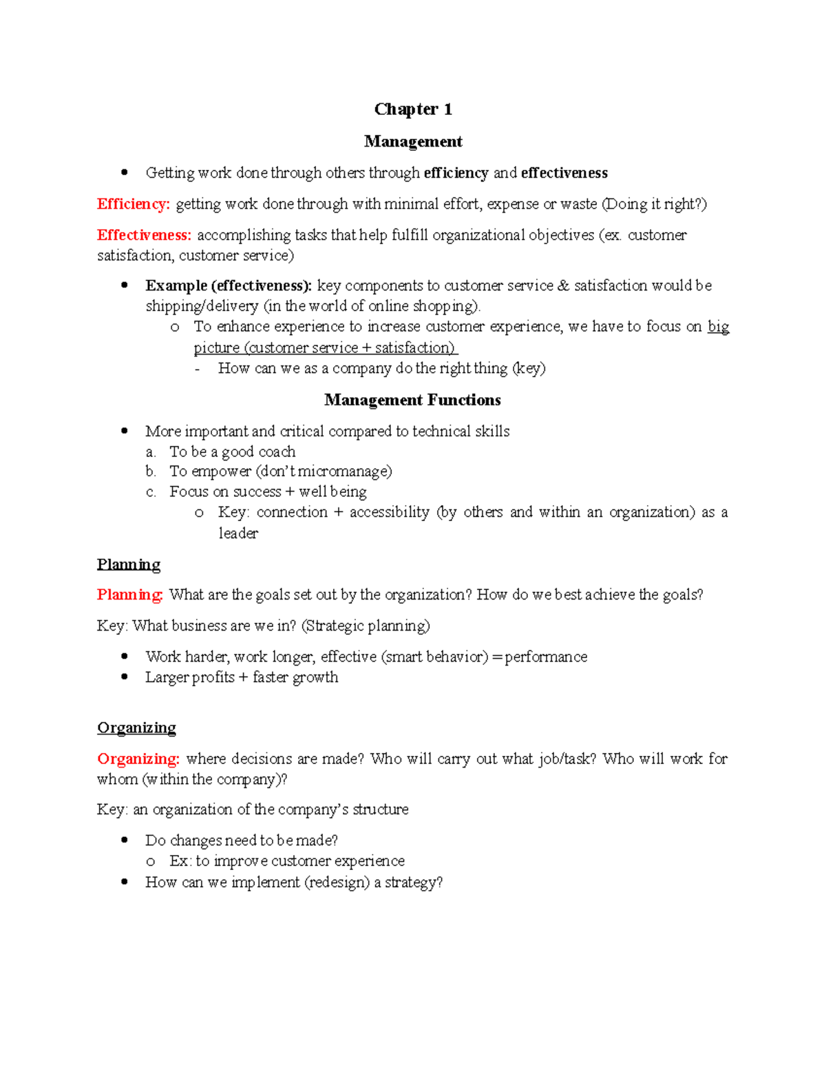 CH1 Key LECTURE NOTES - Chapter 1 Management Getting Work Done Through ...