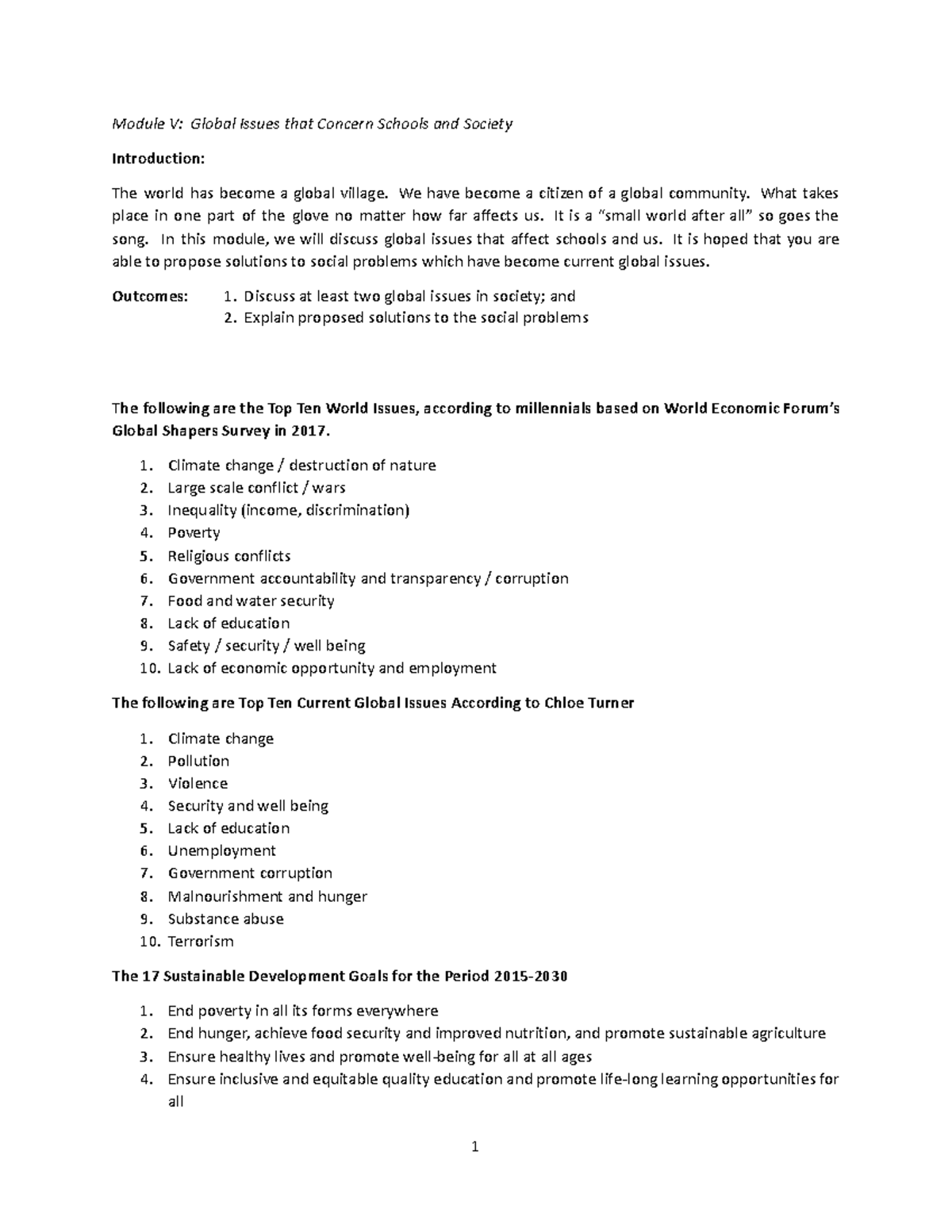 Educ 2.Module V - 1st yr lectures - Module V: Global Issues that ...