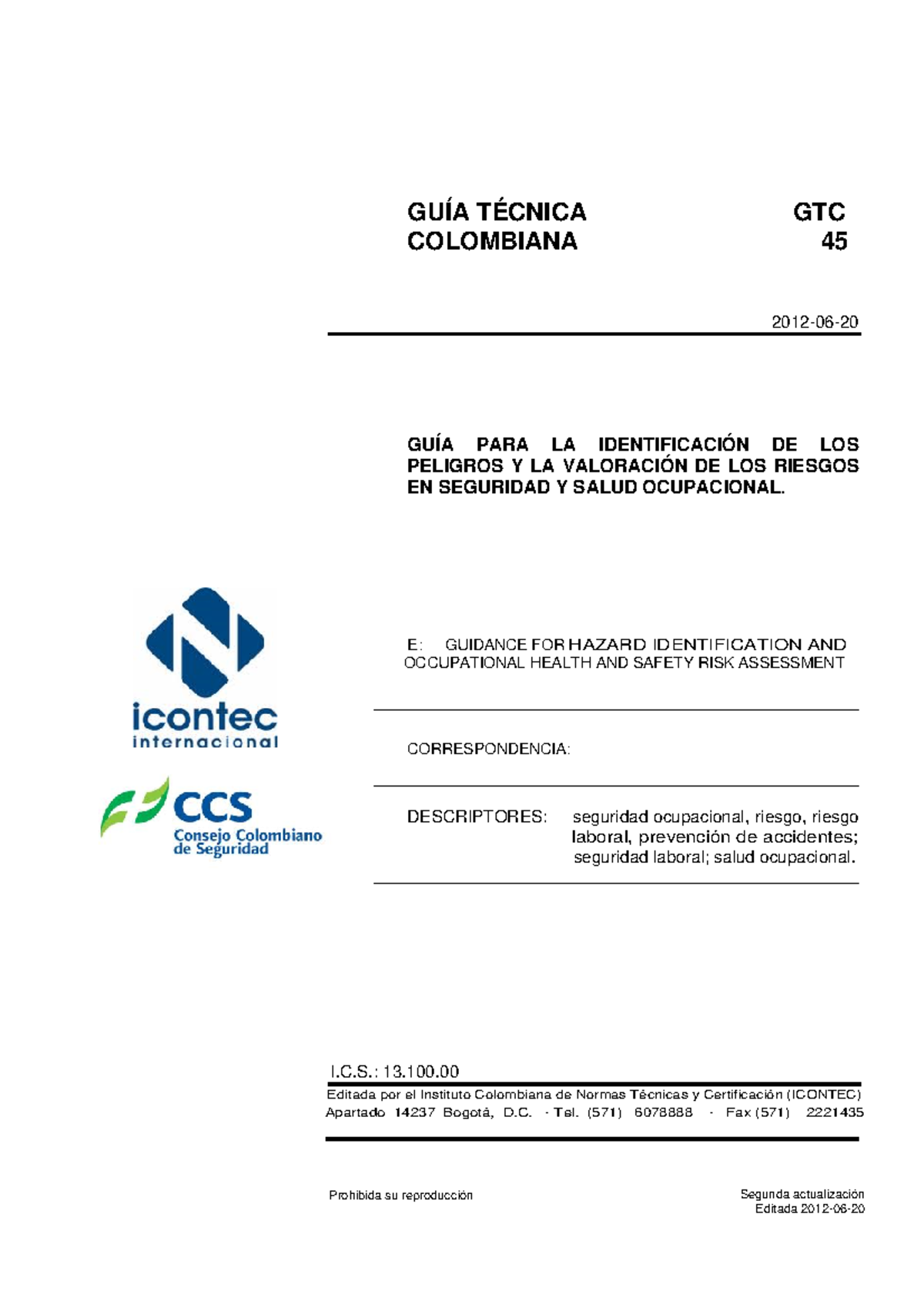 GUIA Tecnica Colombiana GTC 45 - Seguridad Laboral; Salud Ocupacional ...