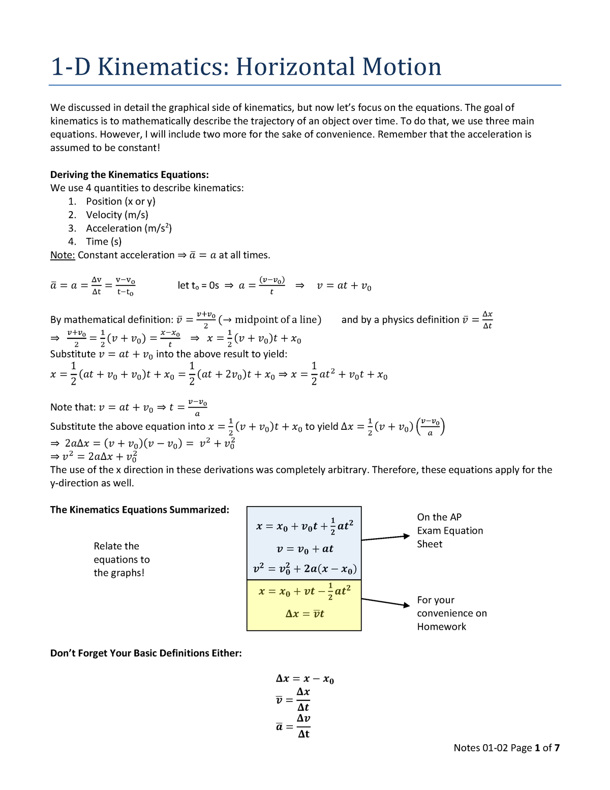 01-02 One Dimensional Kinematics - Horizontal Motion - with solutions-0 ...