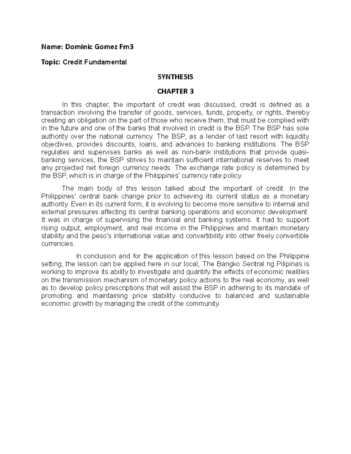 Chap 1 synthesis C and C - Name: Dominic Gomez Fm Topic: Credit ...