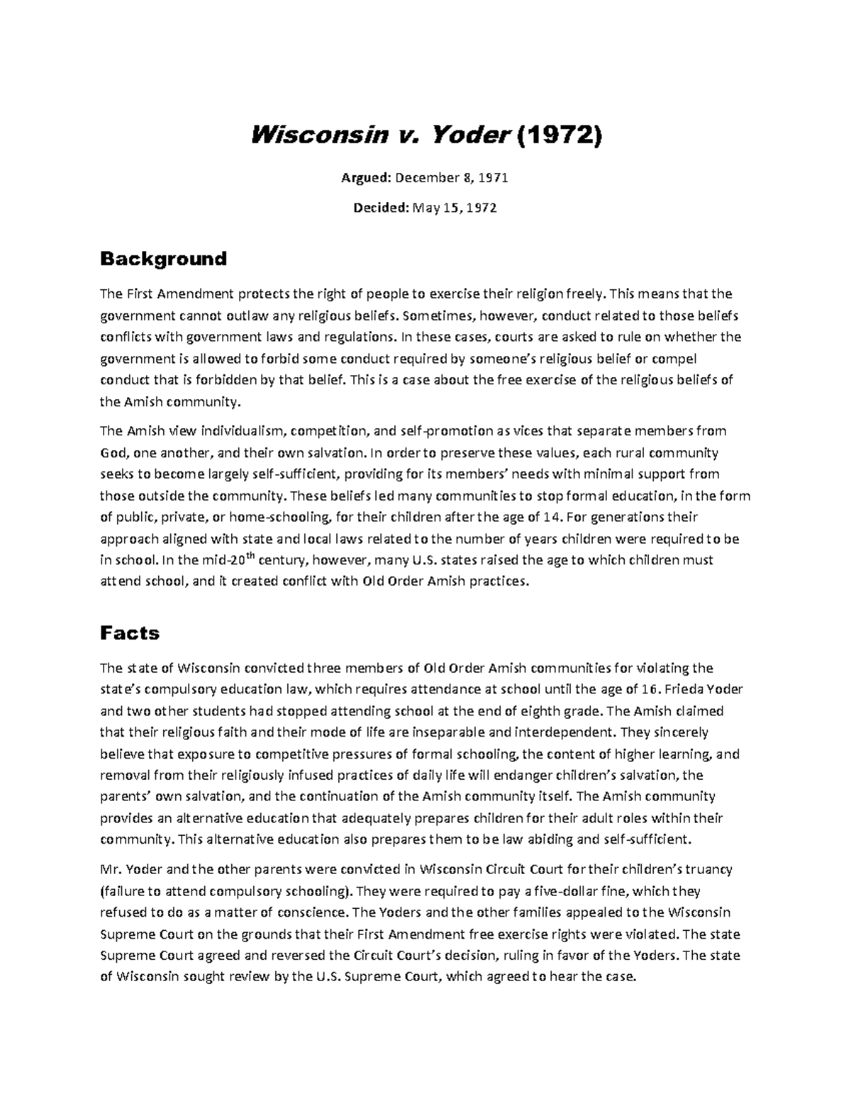 Wisconsin+v+Yoder Notes Wisconsin v. Yoder (1972) Argued December