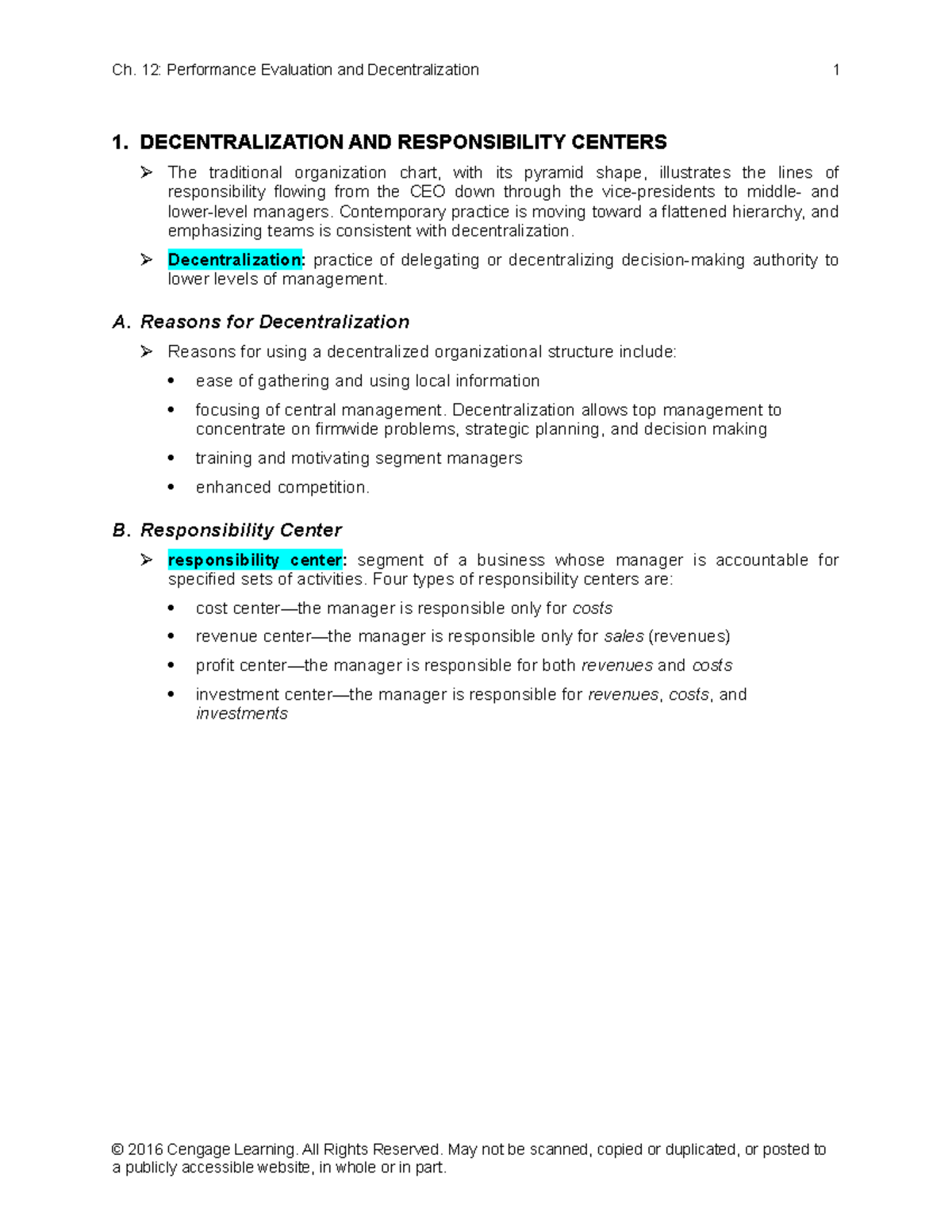 ACC2302 CH12 Notes - 1. DECENTRALIZATION AND RESPONSIBILITY CENTERS The ...