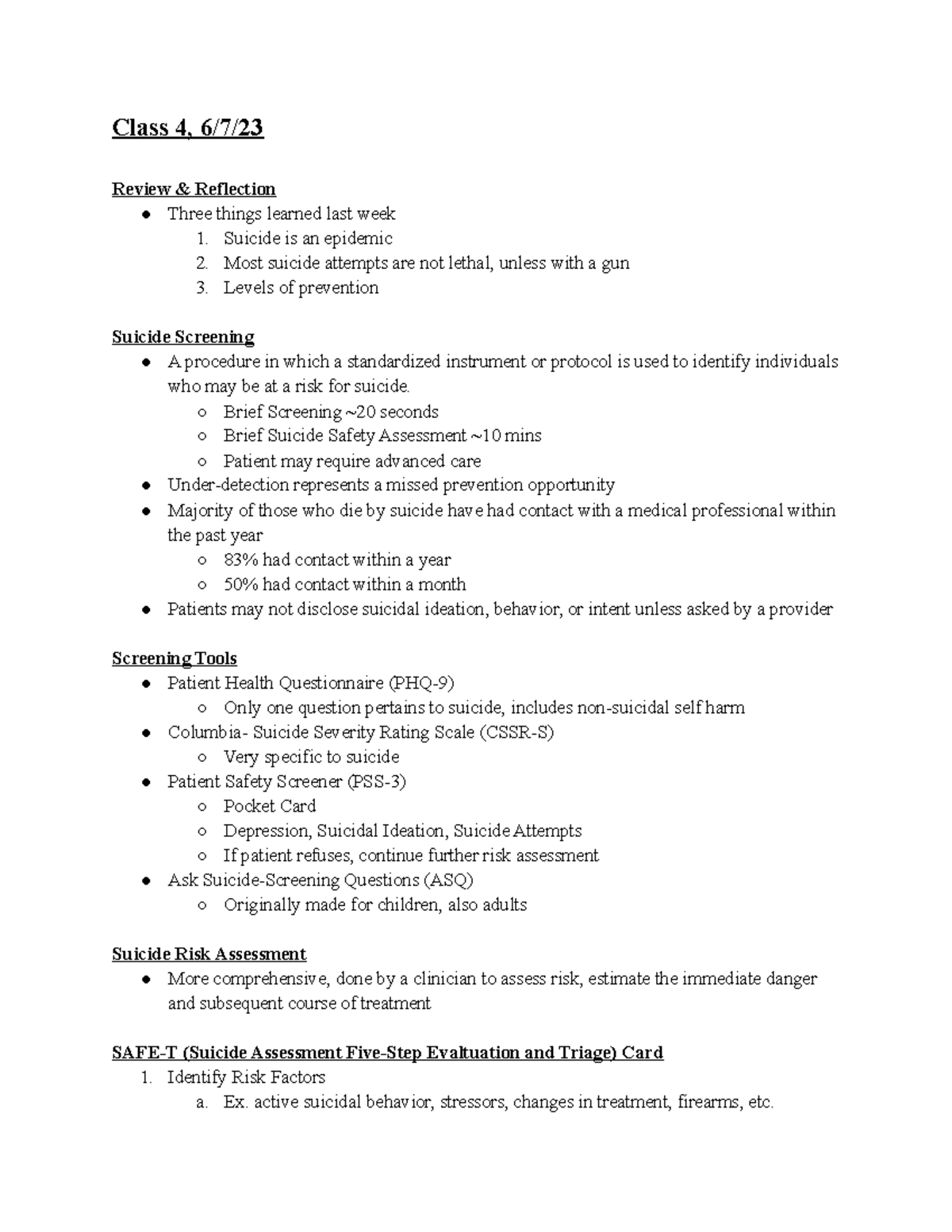 Understanding Suicide, Weeks 4, 6 - Class 4, 6/7/ Review & Reflection ...